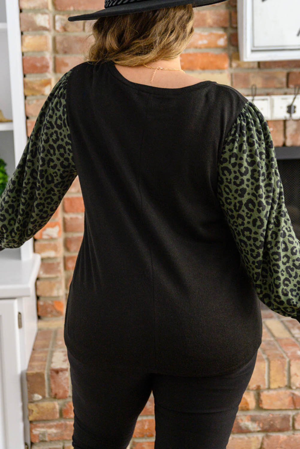 Black Leopard Contrast Long Sleeve Plus Size Top Plus Size JT's Designer Fashion