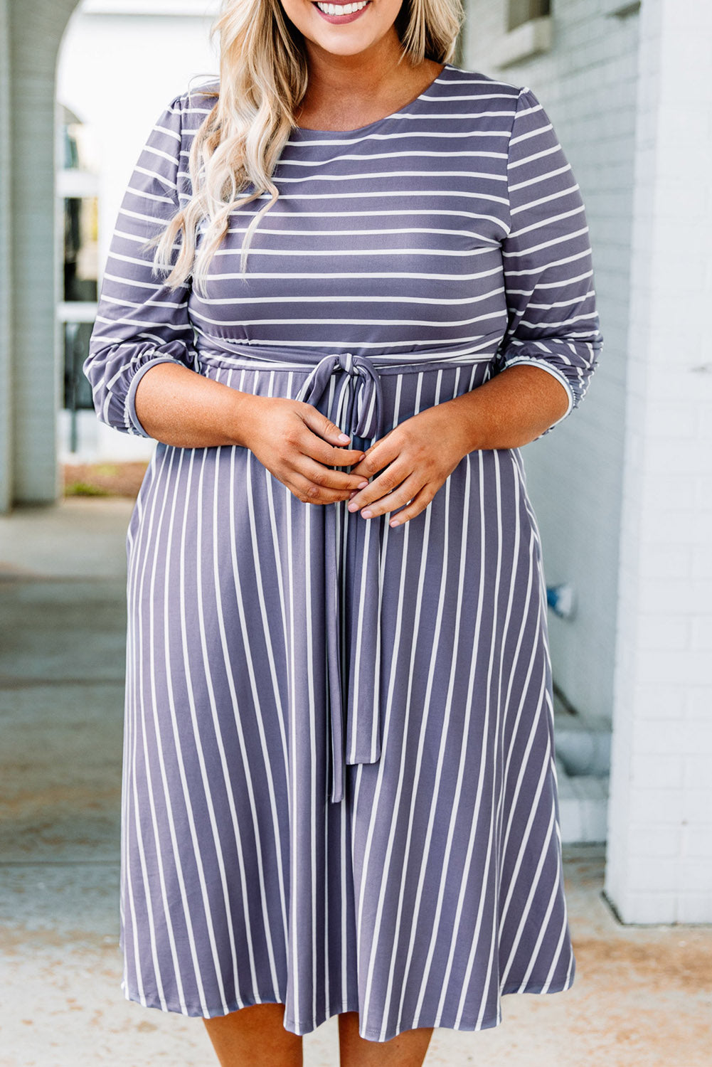 Gray Striped Tie Waist 3/4 Sleeve Plus Size Dress Plus Size JT's Designer Fashion