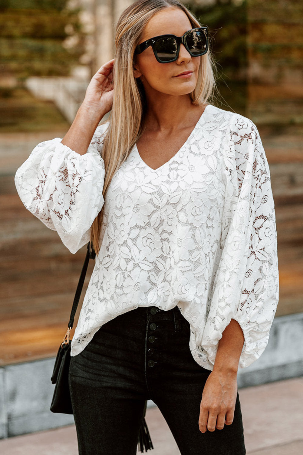 White Floral Lace Crochet Loose Fit V Neck Top Tops & Tees JT's Designer Fashion