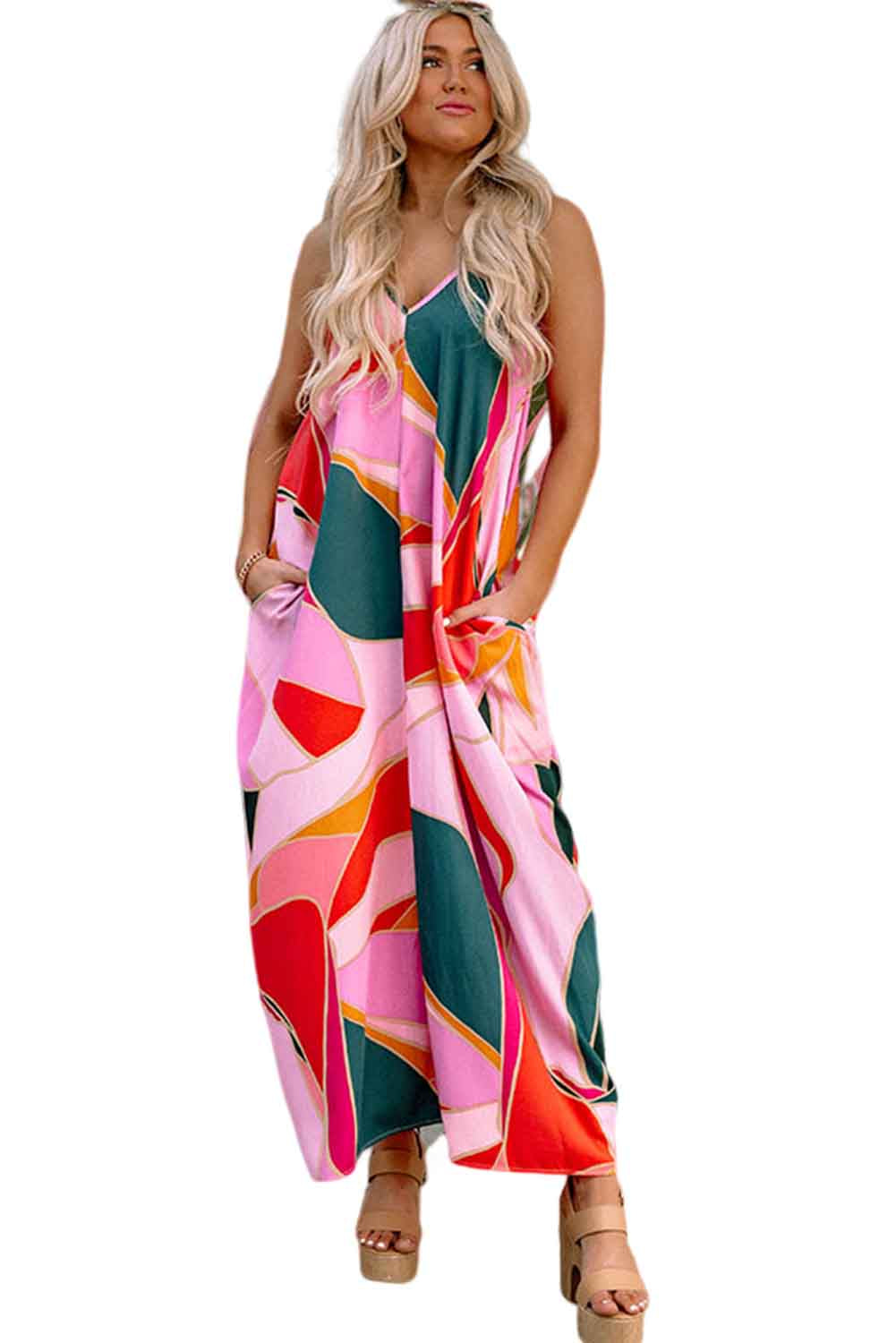 Multicolor Boho Print Slip Sleeveless Maxi Dress Dresses JT's Designer Fashion