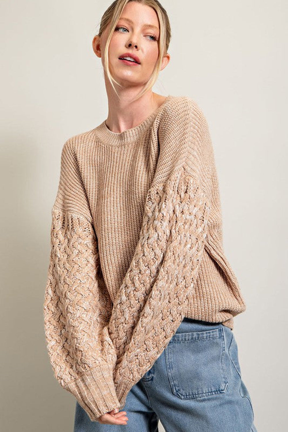 Parchment Cable Knit Sleeve Drop Shoulder Sweater Sweaters & Cardigans JT's Designer Fashion