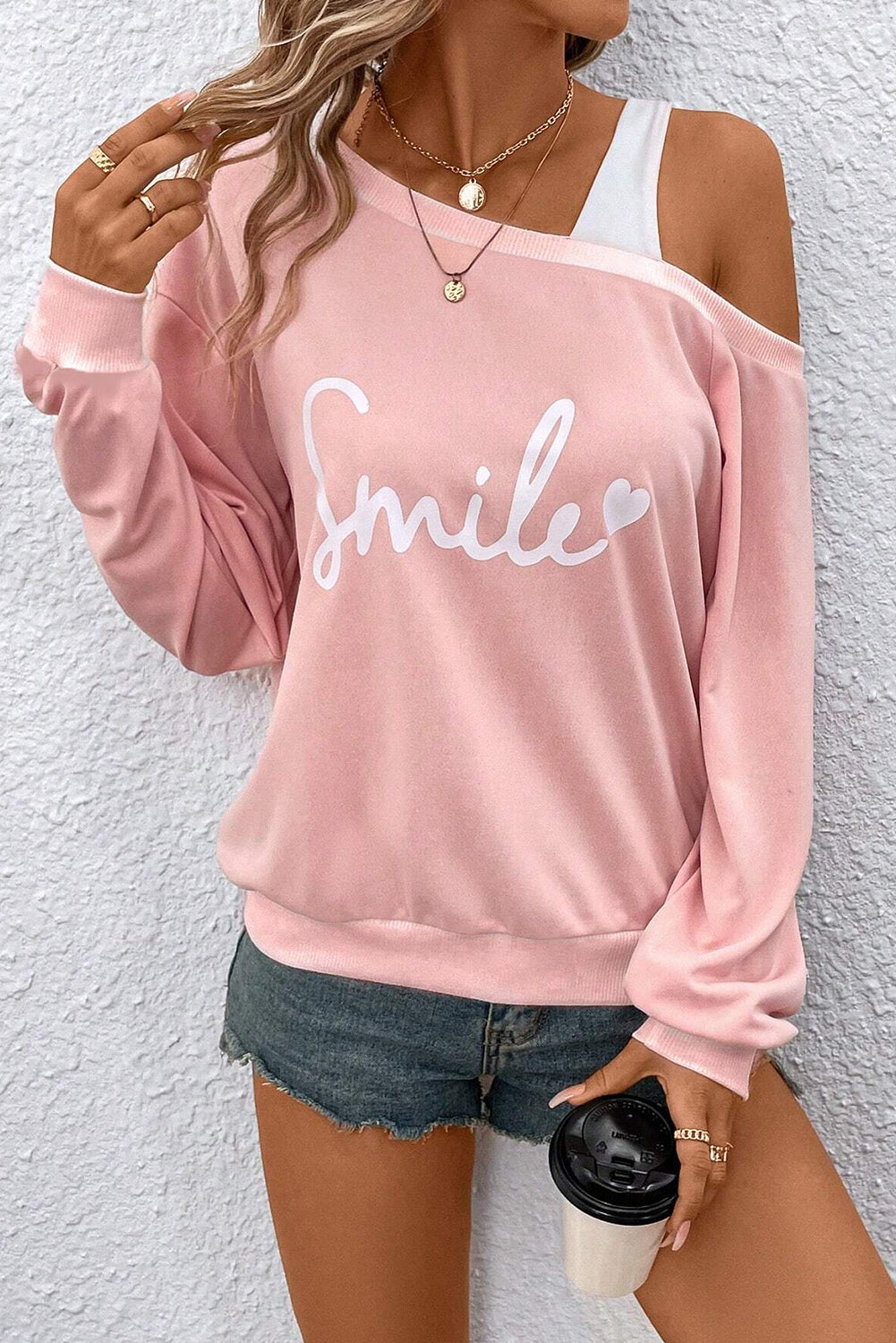 Light Pink Smile Heart Graphic Asymmetrical Long Sleeve Top Pre Order Tops JT's Designer Fashion