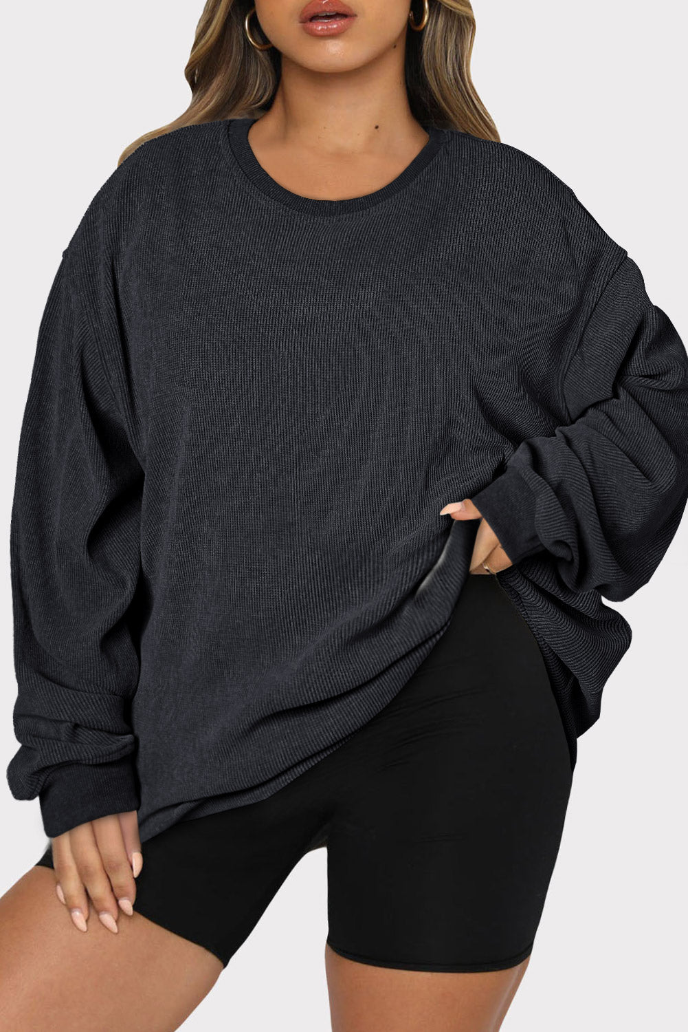 Black Plus Size Corded Round Neck Sweatshirt Plus Size JT's Designer Fashion