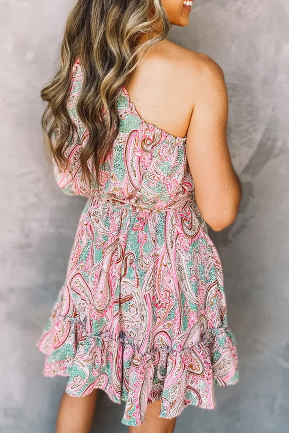 Pink Paisley Print One Shoulder Lace-up High Waist Mini Dress Mini Dresses JT's Designer Fashion