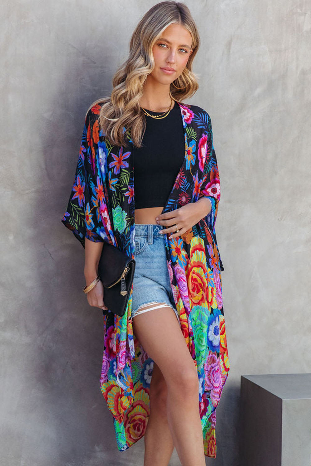 Multicolor Bohemian Floral Print Half Sleeve Open Front Kimono Kimonos JT's Designer Fashion