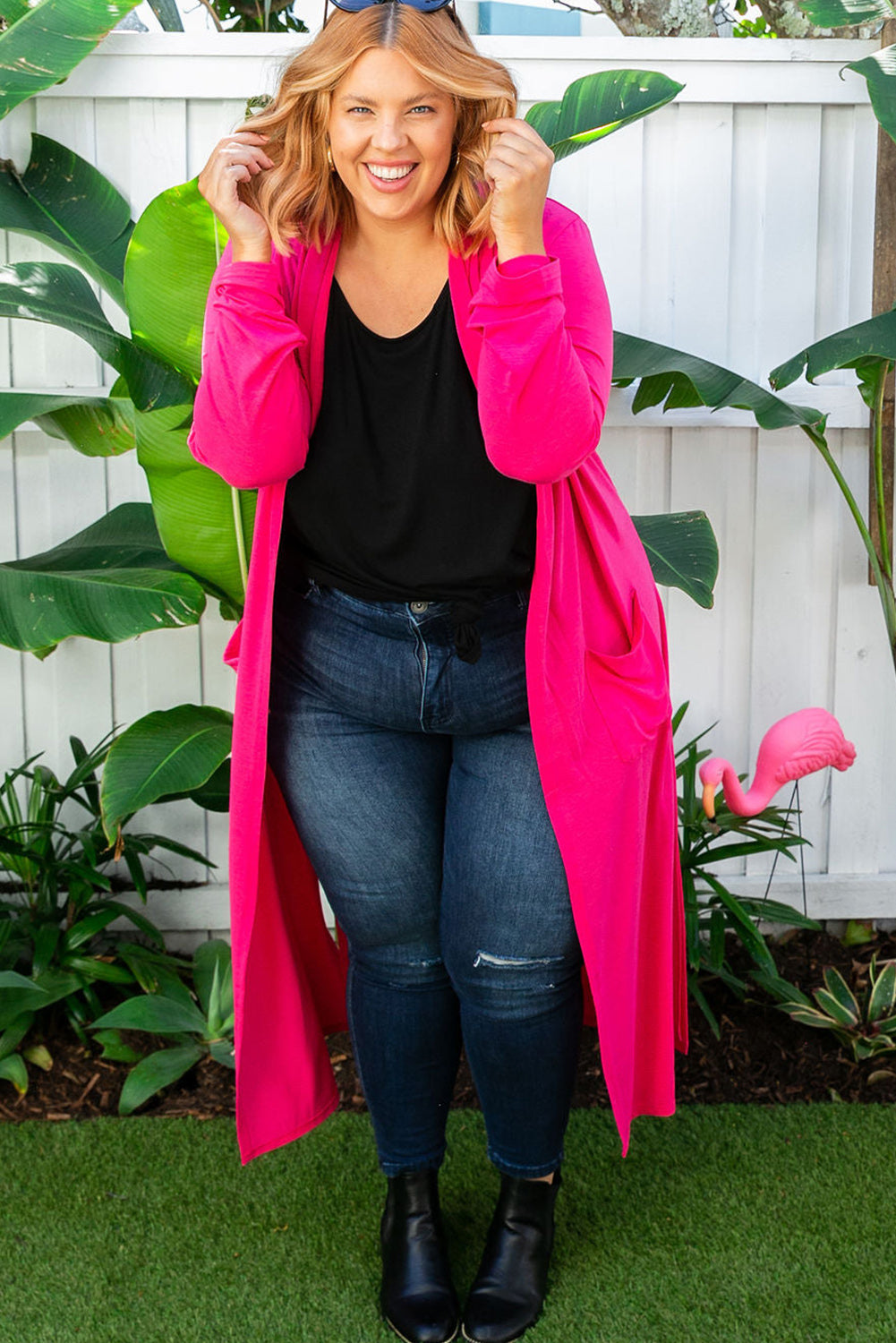 Strawberry Pink Plus Size Side Split Pockets Duster Cardigan Plus Size JT's Designer Fashion