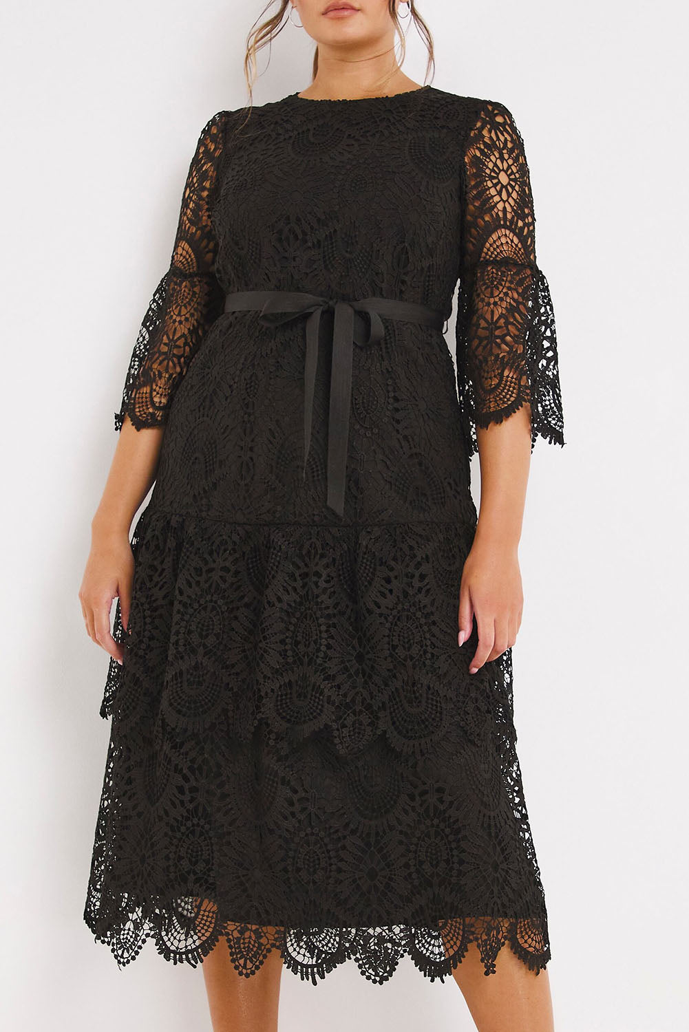 Black Plus Size 3/4 Sleeves Lace Lined Midi Dress with Belt Plus Size JT's Designer Fashion