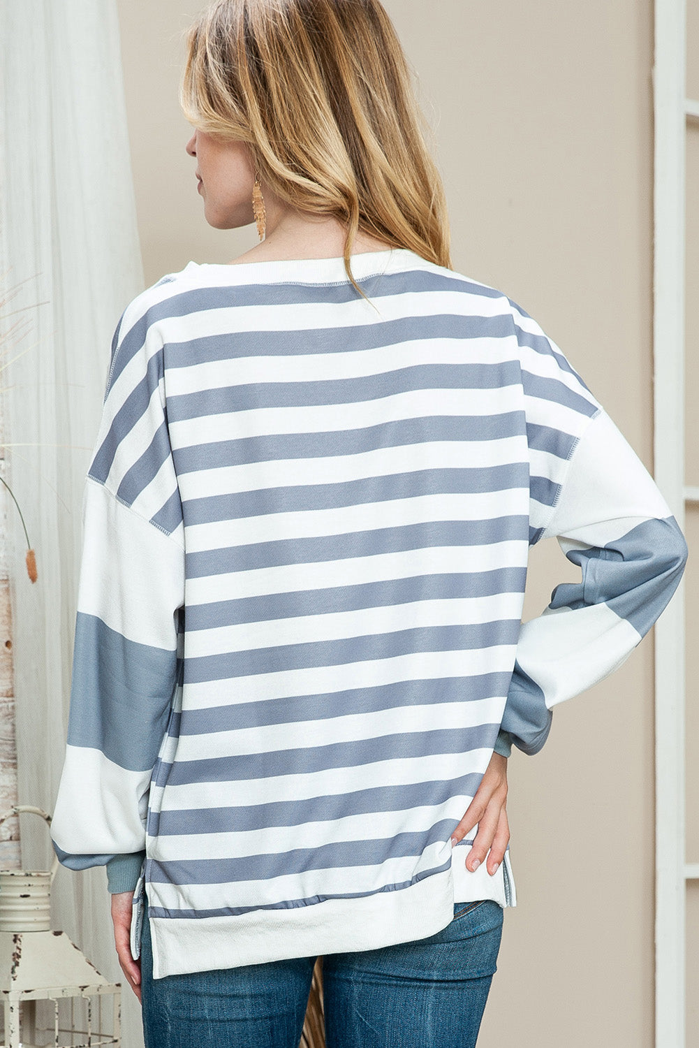 Stripes Contrast Sleeve Round Neck Plus Size Sweatshirt Plus Size JT's Designer Fashion