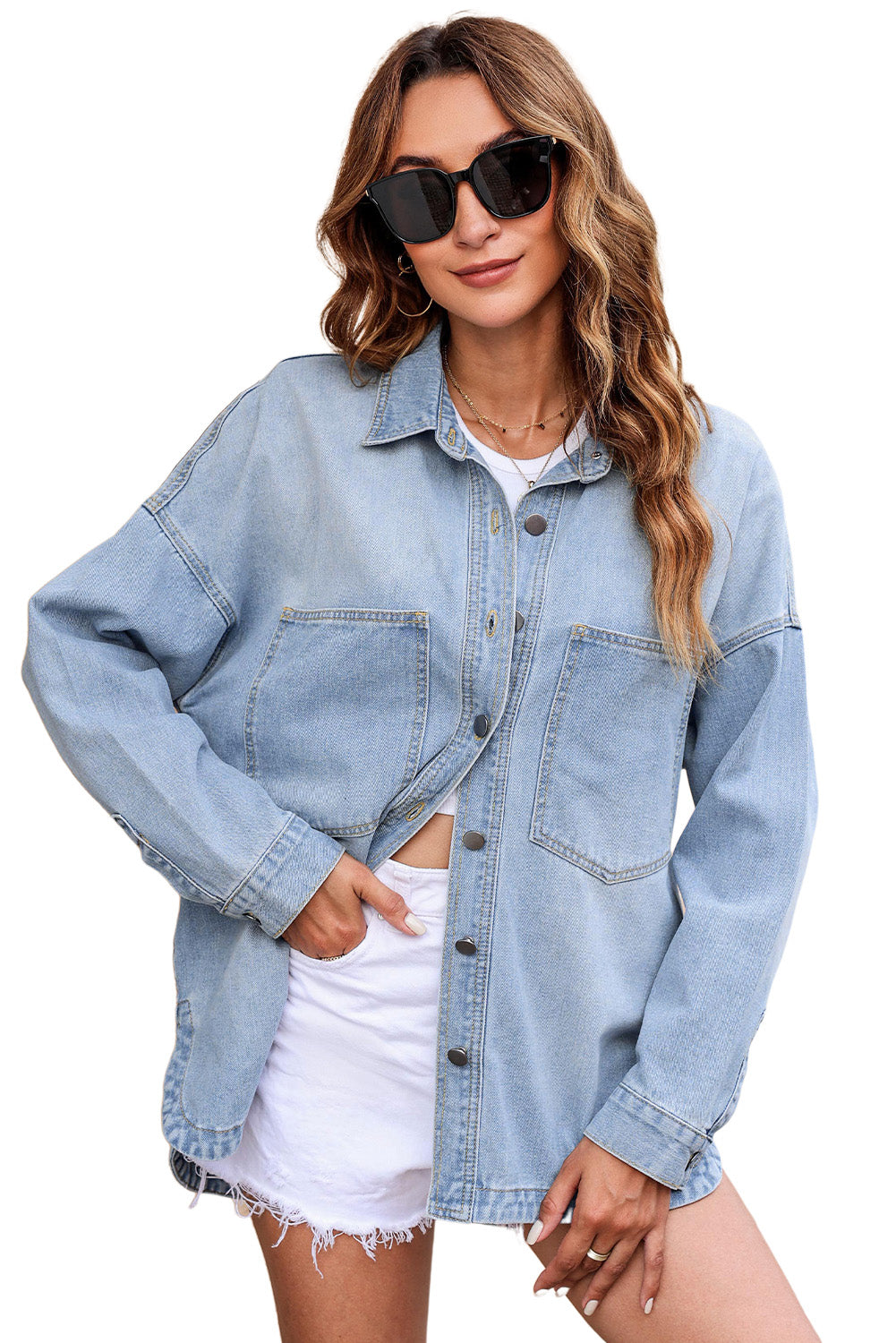 Sky Blue Double Chest Pocket Buttoned Denim Jacket Denim jackets JT's Designer Fashion