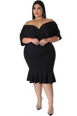 Black Plus Size Pleated V Neck Ruffle Hem Bodycon Dress Plus Size Dresses JT's Designer Fashion