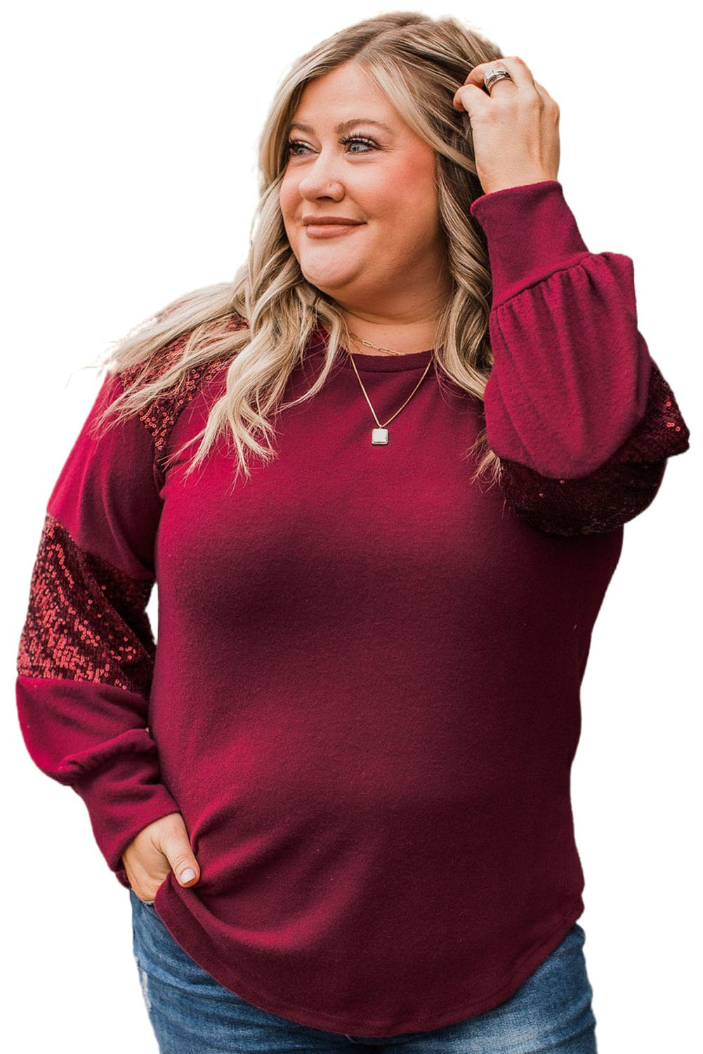 Red Plus Size Sequin Patchwork Top Plus Size JT's Designer Fashion