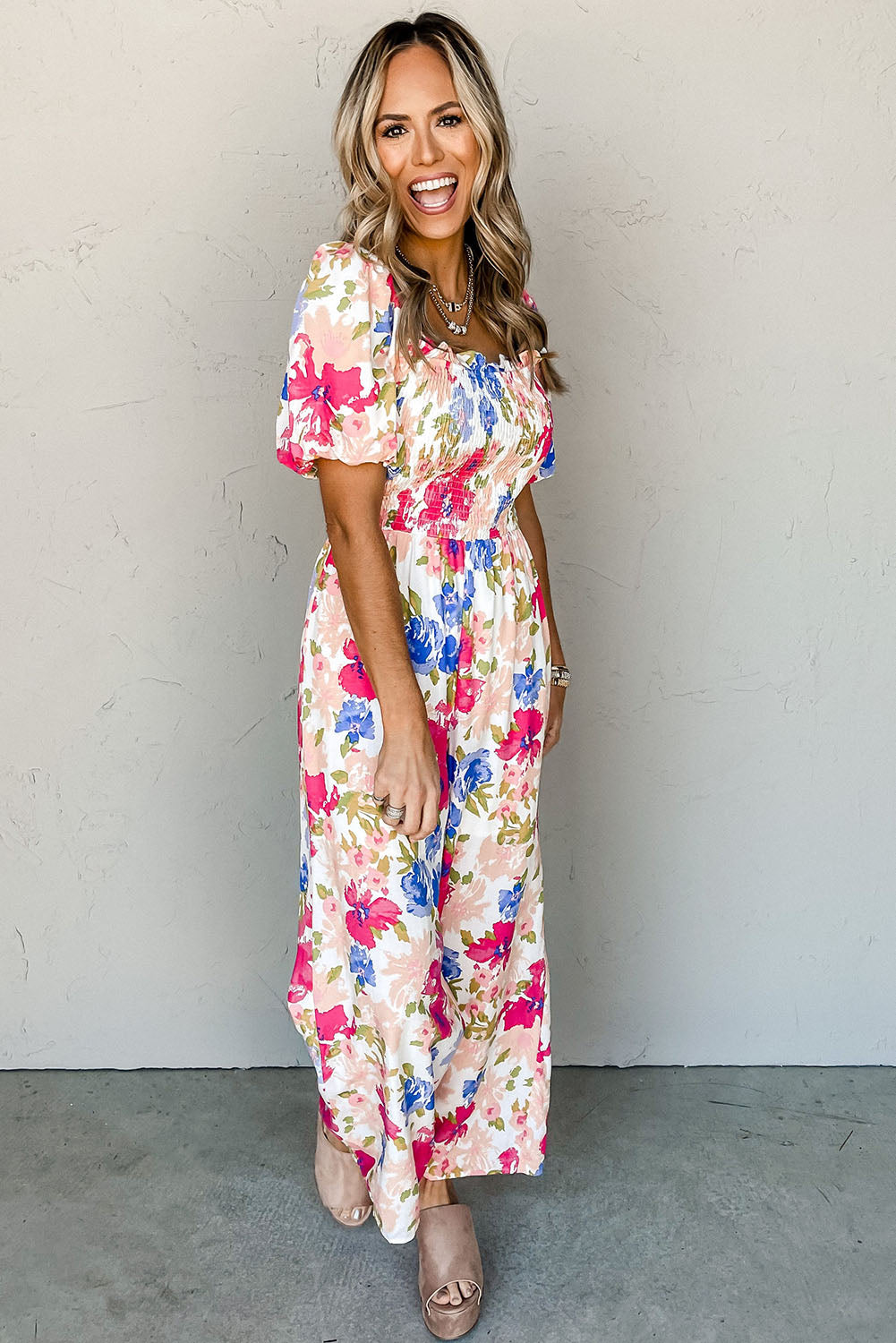 Multicolor Floral Print Smocked Puff Sleeve Jumpsuit Jumpsuits & Rompers JT's Designer Fashion