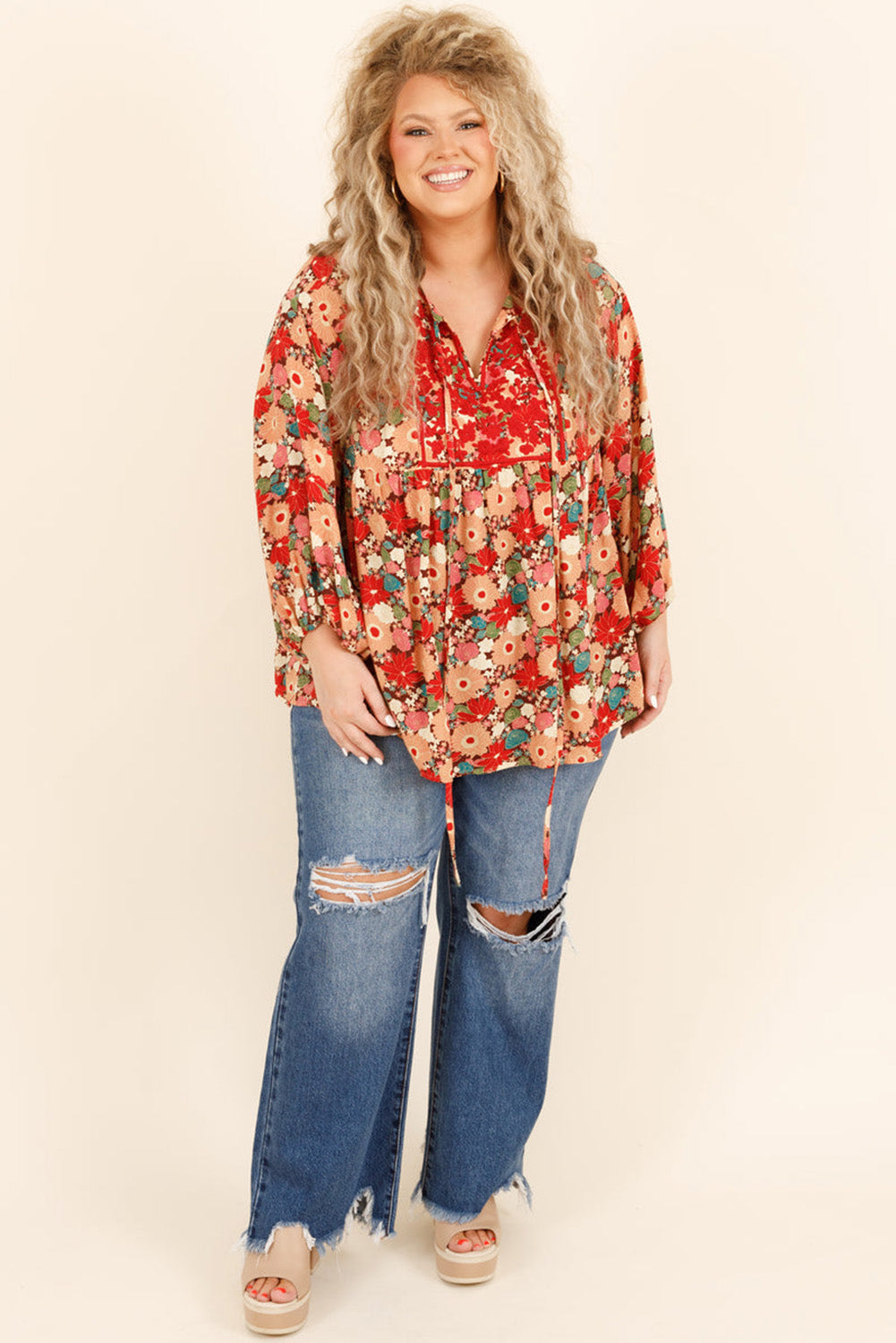 Clay Red Floral Embroidered Drawstring V Neck Plus Size Blouse Plus Size JT's Designer Fashion