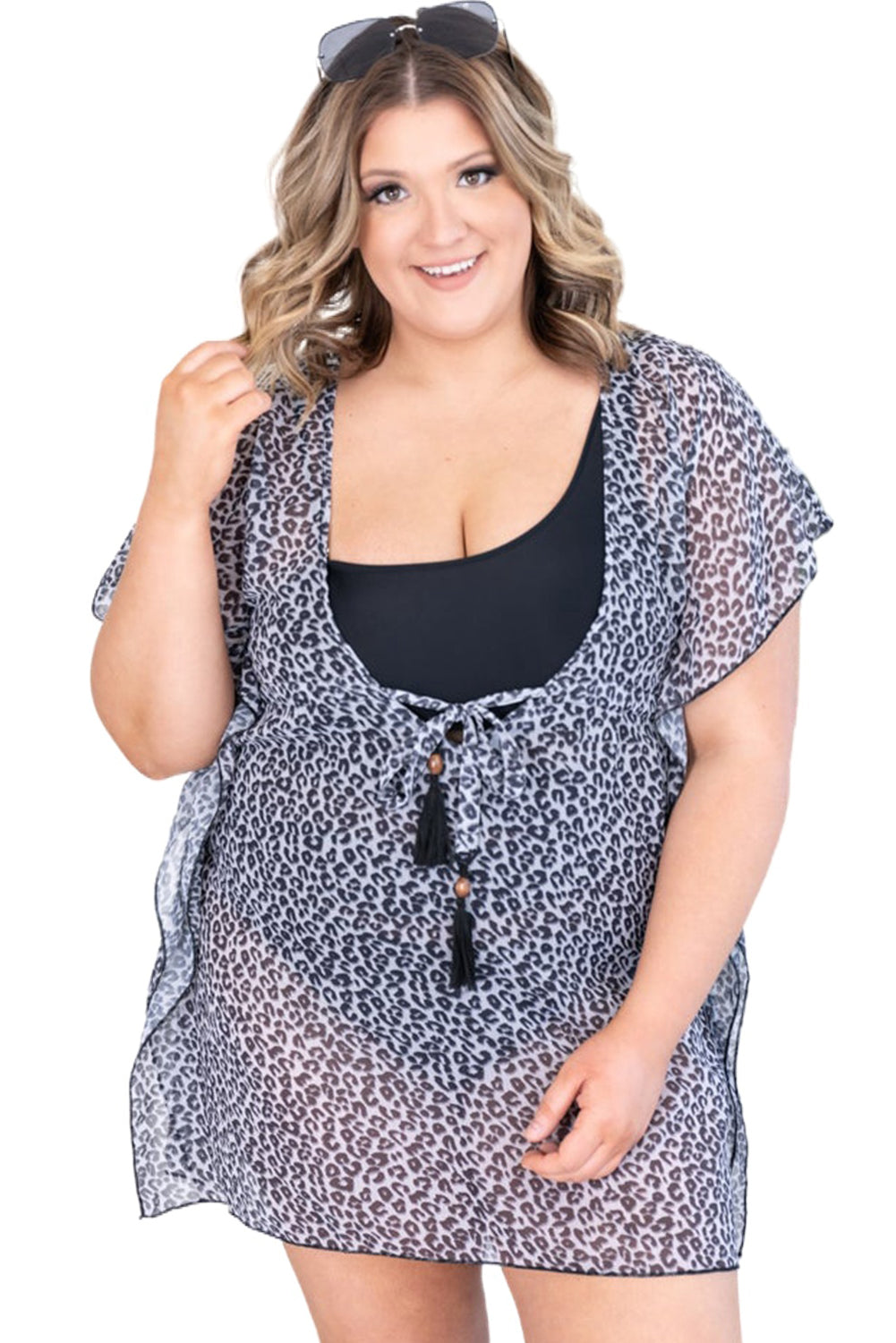 Gray Leopard Print Drawstring Ruffled Plus Size Kimono Plus Size Swimwear JT's Designer Fashion