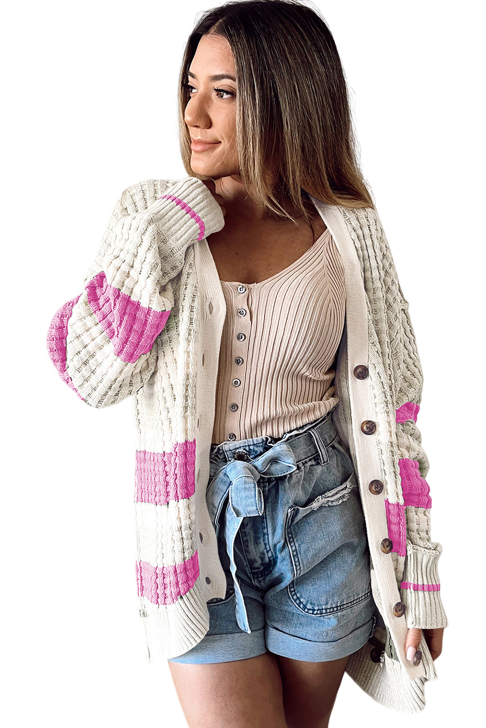 Dark Pink Colorblock Textured Knit Buttoned Cardigan Pre Order Sweaters & Cardigans JT's Designer Fashion