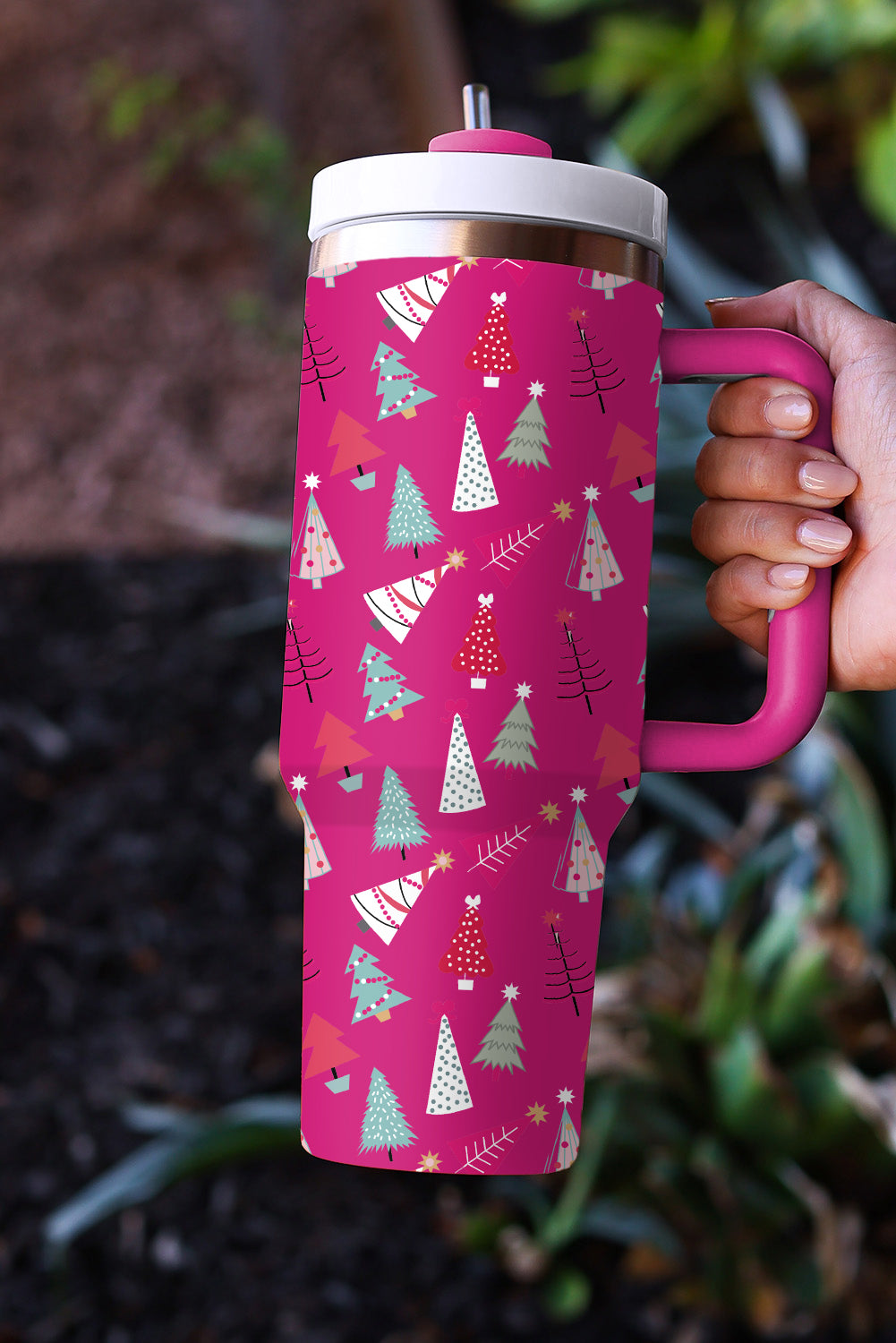 Rose Red Cartoon Christmas Tree Printed Thermos Cup Tumblers JT's Designer Fashion