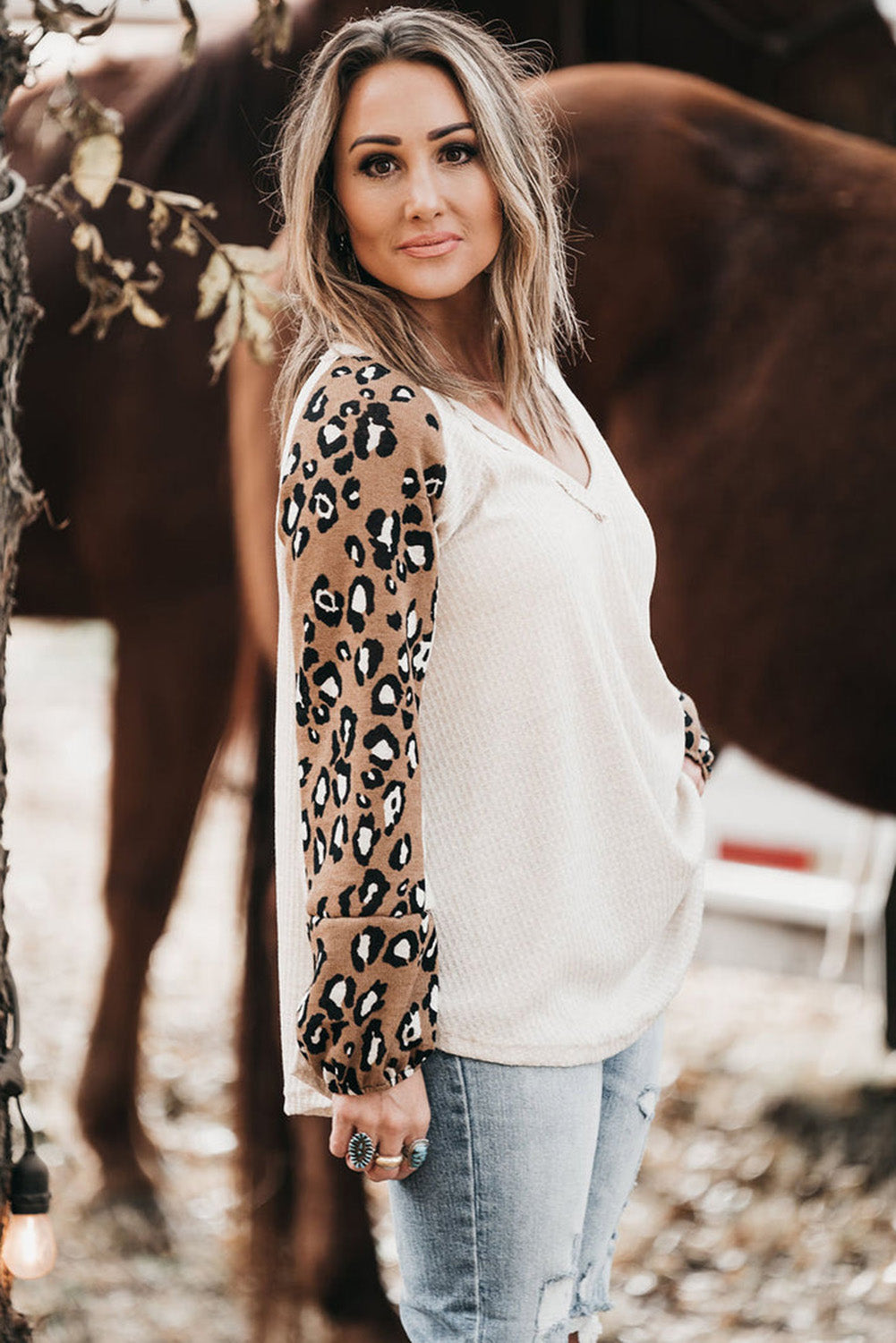 Beige Printed Plus Waffle Knit Contrast Leopard Long Sleeve Top Plus Size JT's Designer Fashion