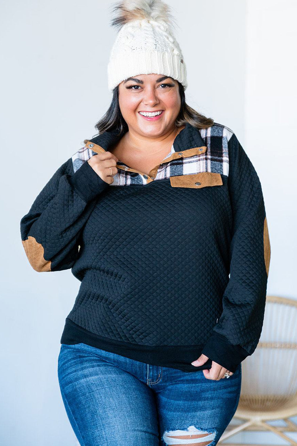 Black Plus Size Plaid Patch Henley Sweatshirt Plus Size JT's Designer Fashion