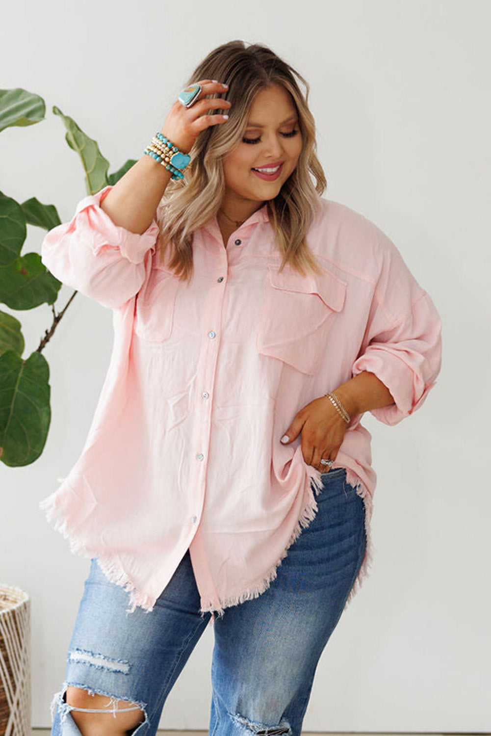 Pink Flap Pocket Tab Sleeve Button-Down Plus Size Shirt Plus Size JT's Designer Fashion