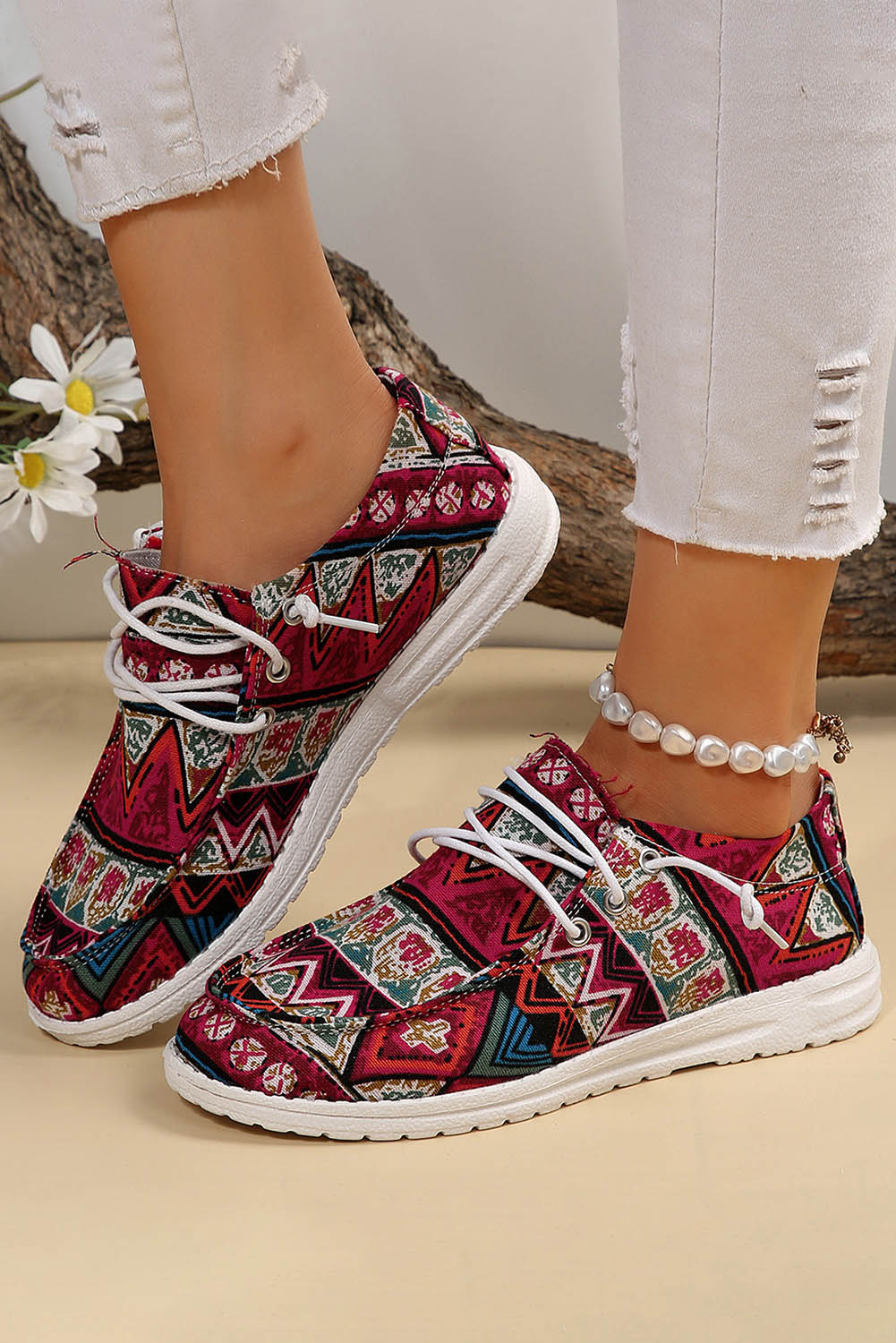 Red Ethnic Printed Lace-up Decor Casual Shoes Women's Shoes JT's Designer Fashion