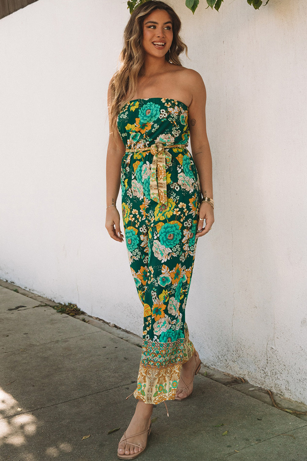 Green Boho Floral Belted Strapless Jumpsuit Jumpsuits & Rompers JT's Designer Fashion