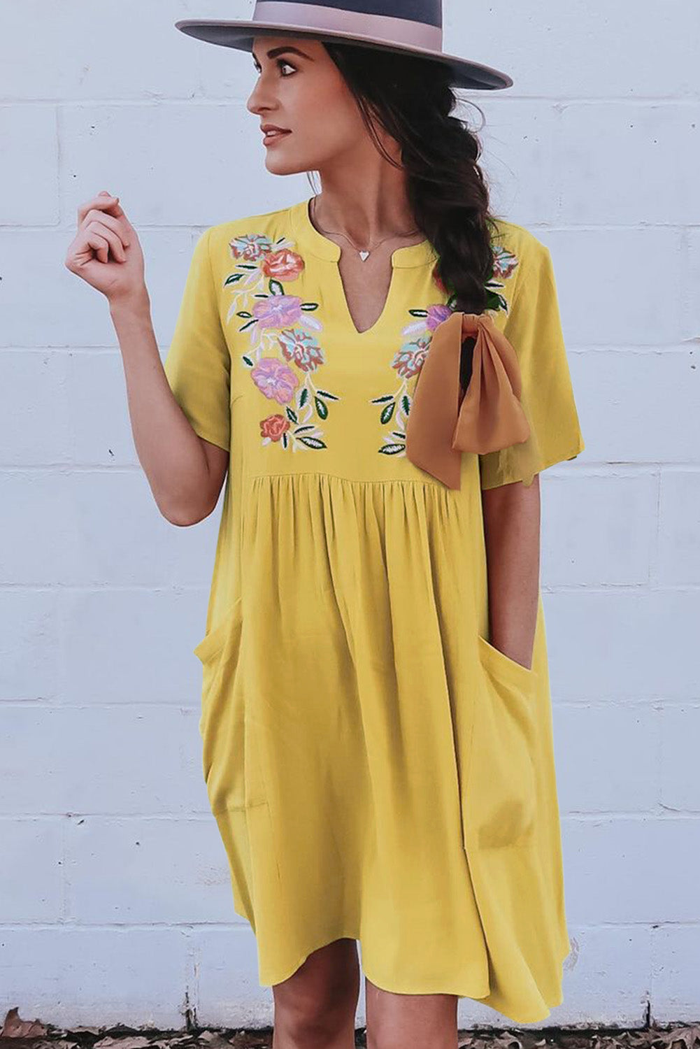 Yellow Split Neck Embroidered Floral Babydoll Swing Dress Floral Dresses JT's Designer Fashion