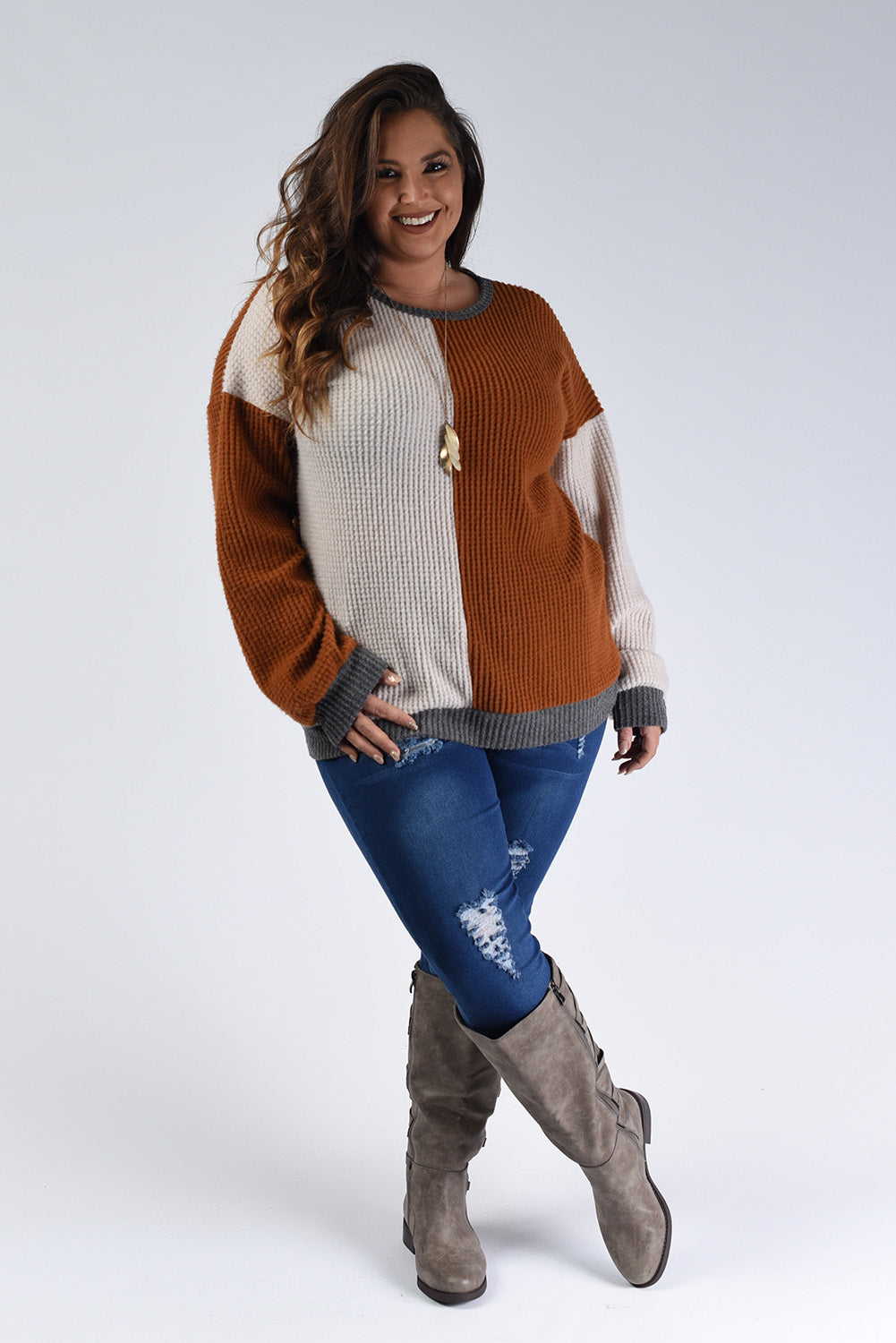 Chestnut Color Block Waffle Knit Drop Sleeve Plus Size Top Plus Size JT's Designer Fashion