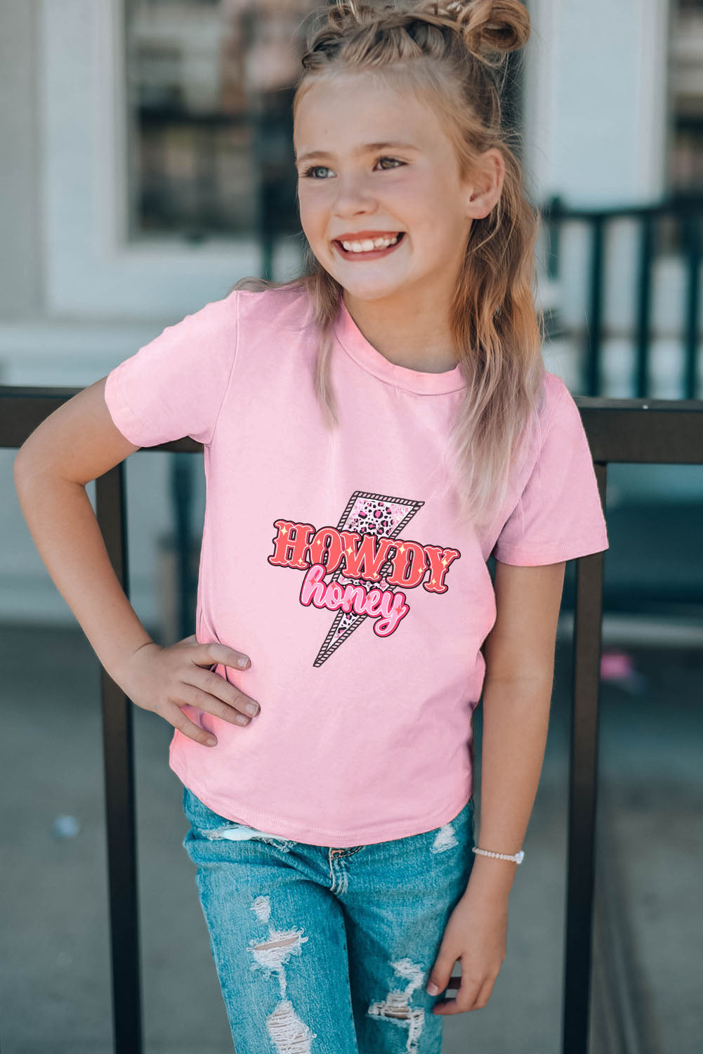 Pink Family Matching HOWDY Honey Lightning Print Girl's Graphic T Shirt Family T-shirts JT's Designer Fashion