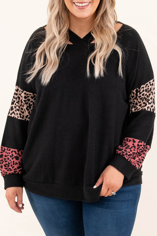 Black Plus Size Leopard Patchwork Strappy Neck Top Plus Size Tops JT's Designer Fashion