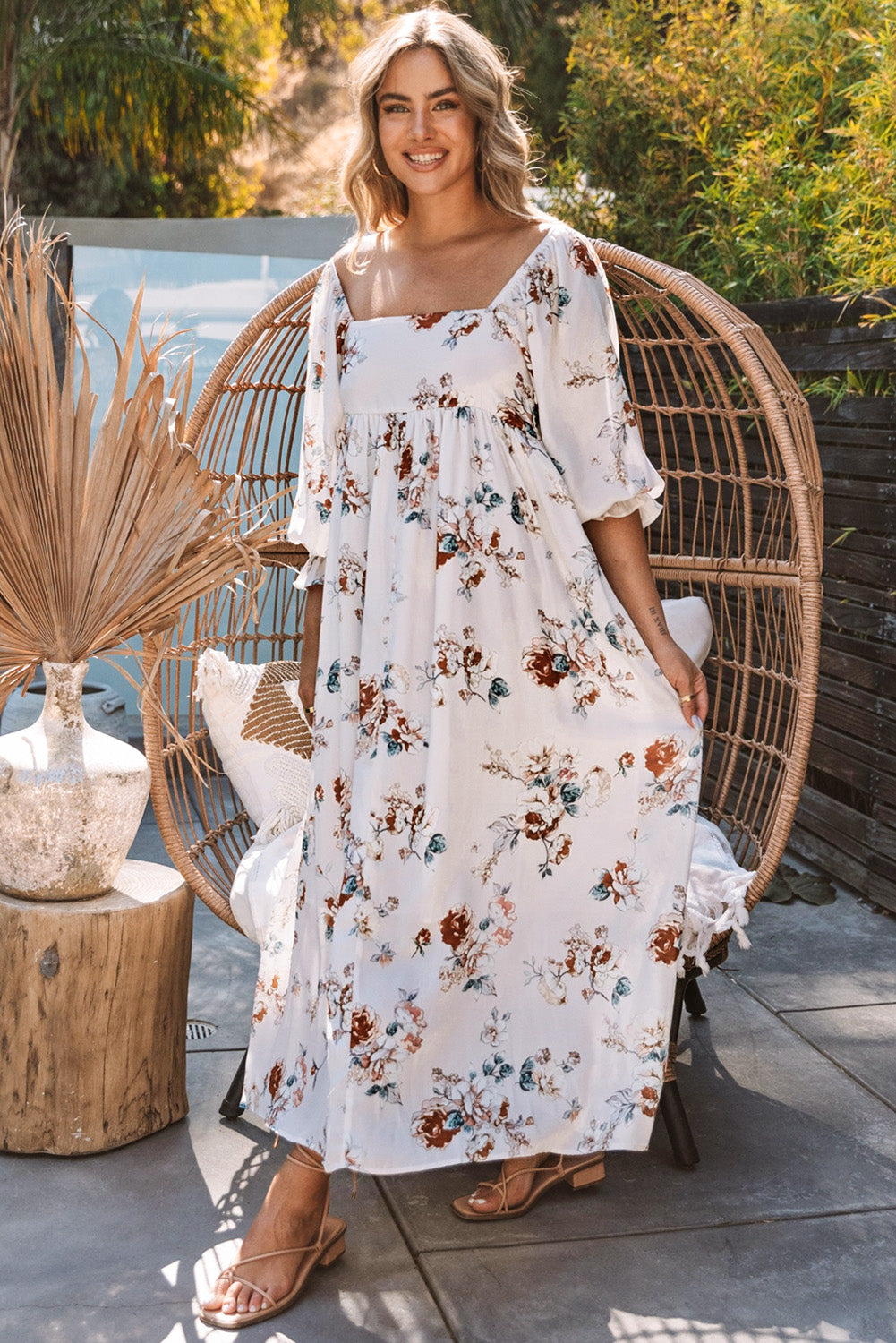 White Puff Mid-sleeve Floral Maxi Dress Maxi Dresses JT's Designer Fashion