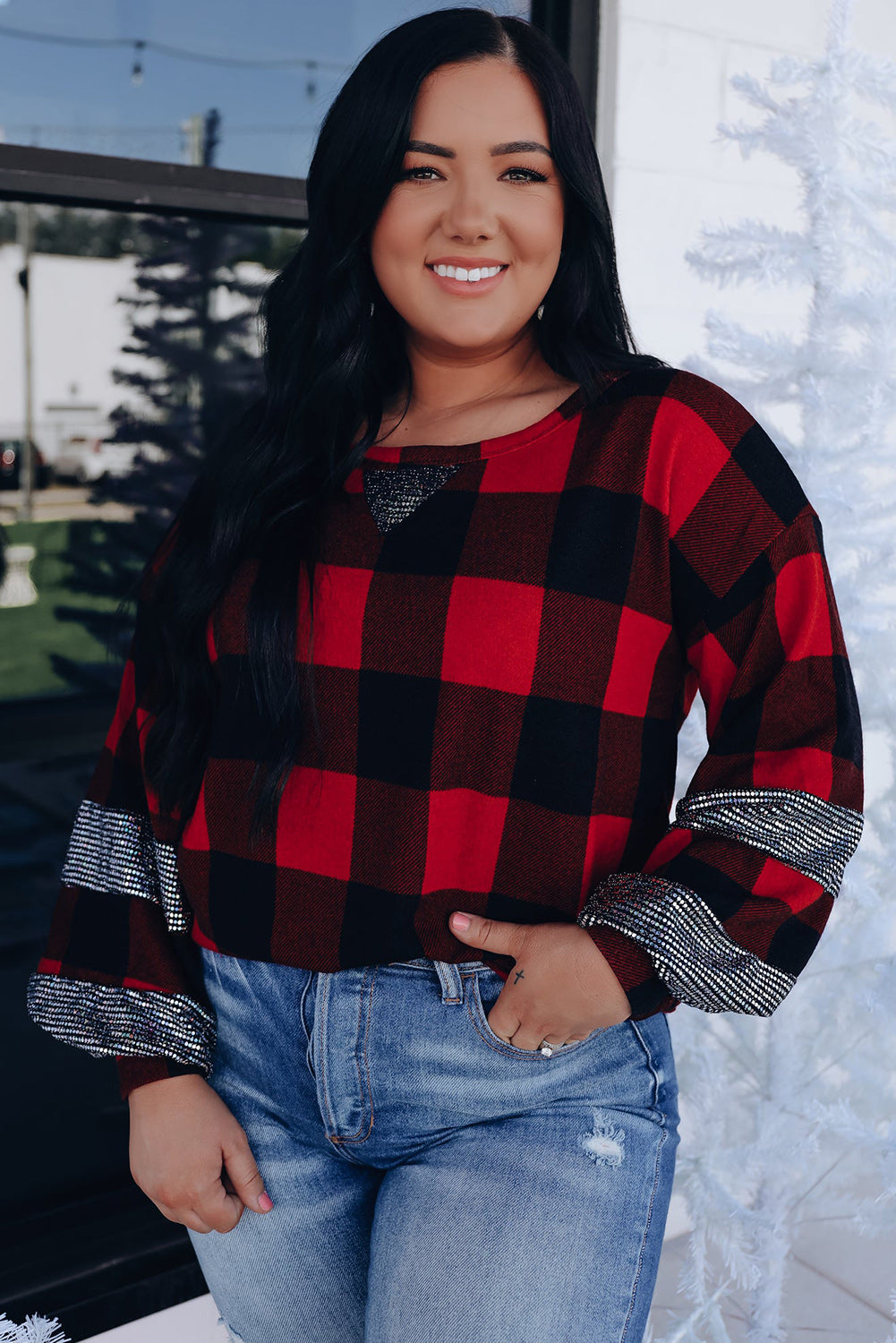 Ruby Plus Size Sequin Patchwork Buffalo Plaid Top Plus Size JT's Designer Fashion