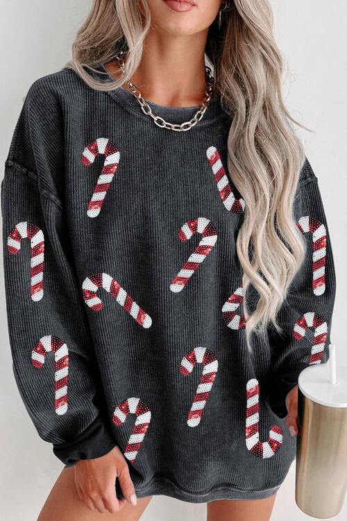 Sequin Candy Cane Round Neck Sweatshirt Black Graphic Sweatshirts JT's Designer Fashion