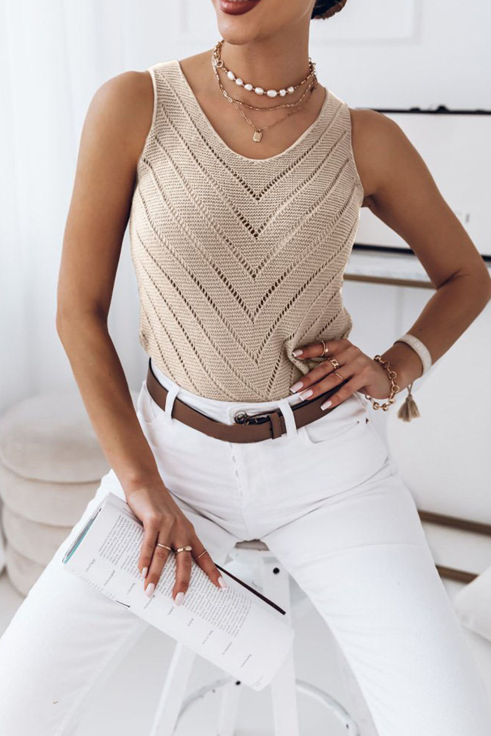 Khaki Chevron Hollowed Knit Tank Top Khaki 55%Acrylic+45%Cotton Tank Tops JT's Designer Fashion