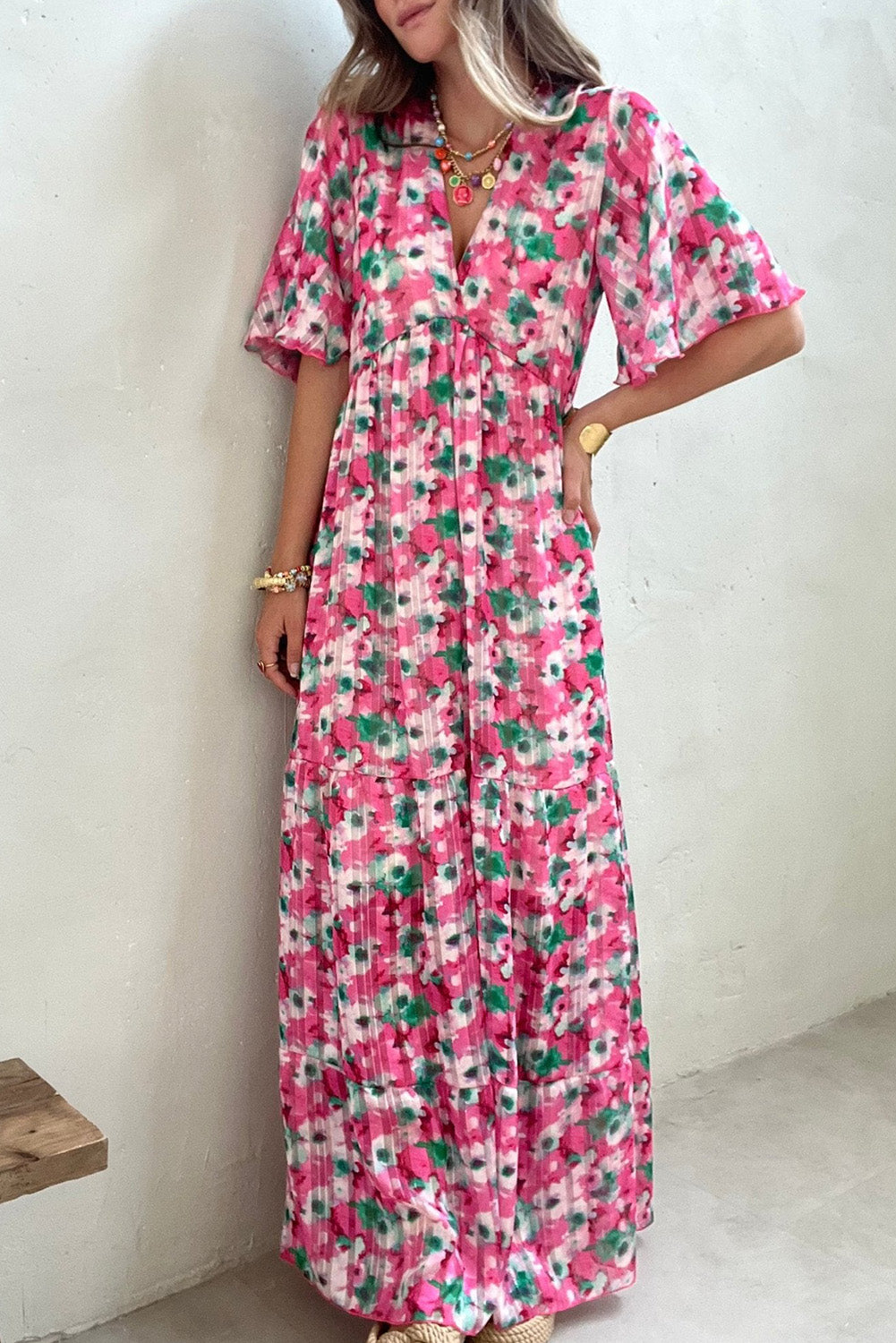 Pink Wide Sleeves Floral Print Maxi Dress Pink 100%Polyester Maxi Dresses JT's Designer Fashion