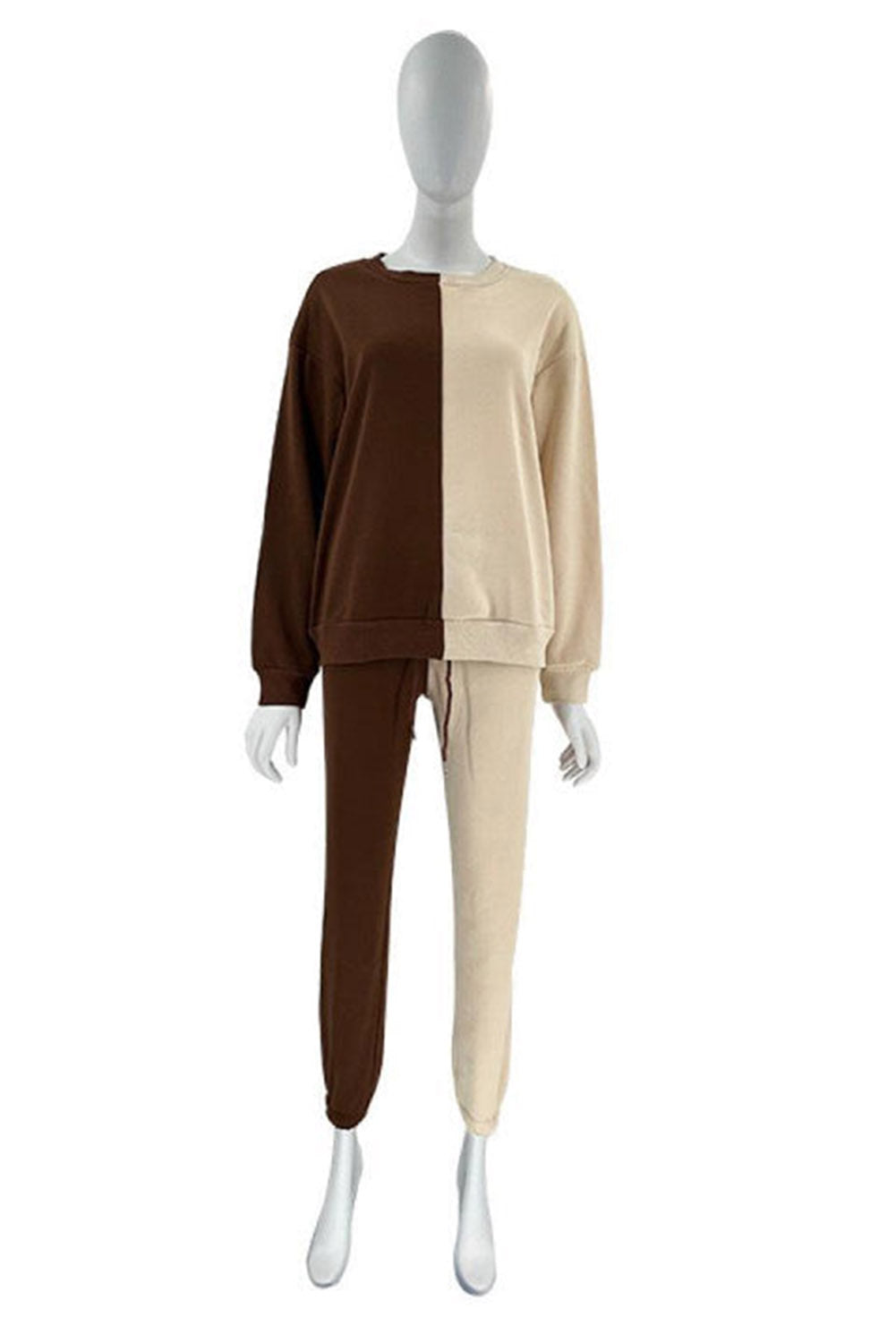 Brown Color Block Sweatshirt and Jogger Plus Size Pajama Set Plus Size JT's Designer Fashion