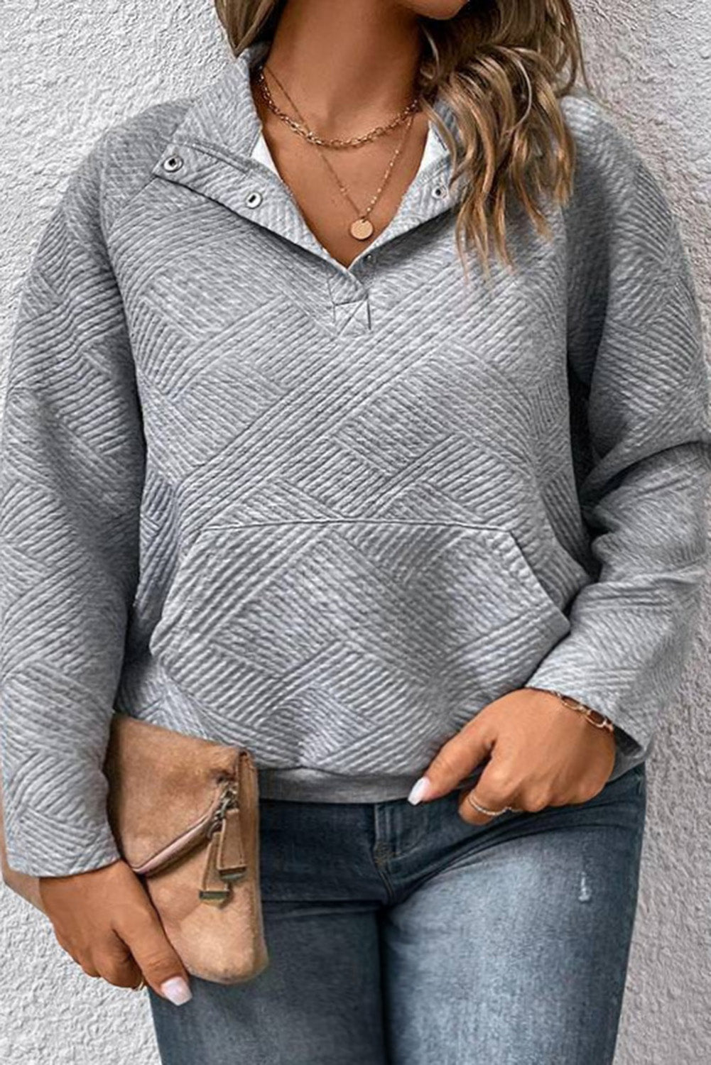 Light Grey Plus Size Kangaroo Pockets Ribbed Henley Sweatshirt Plus Size JT's Designer Fashion