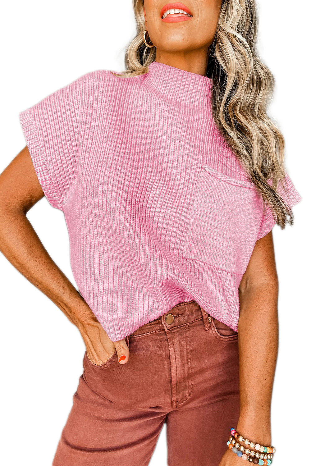 Pink Patch Pocket Ribbed Knit Short Sleeve Sweater Pre Order Sweaters & Cardigans JT's Designer Fashion