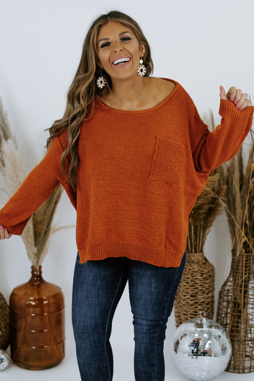 Orange Plus Size Chest Pocket Loose Split Side Sweater Plus Size JT's Designer Fashion