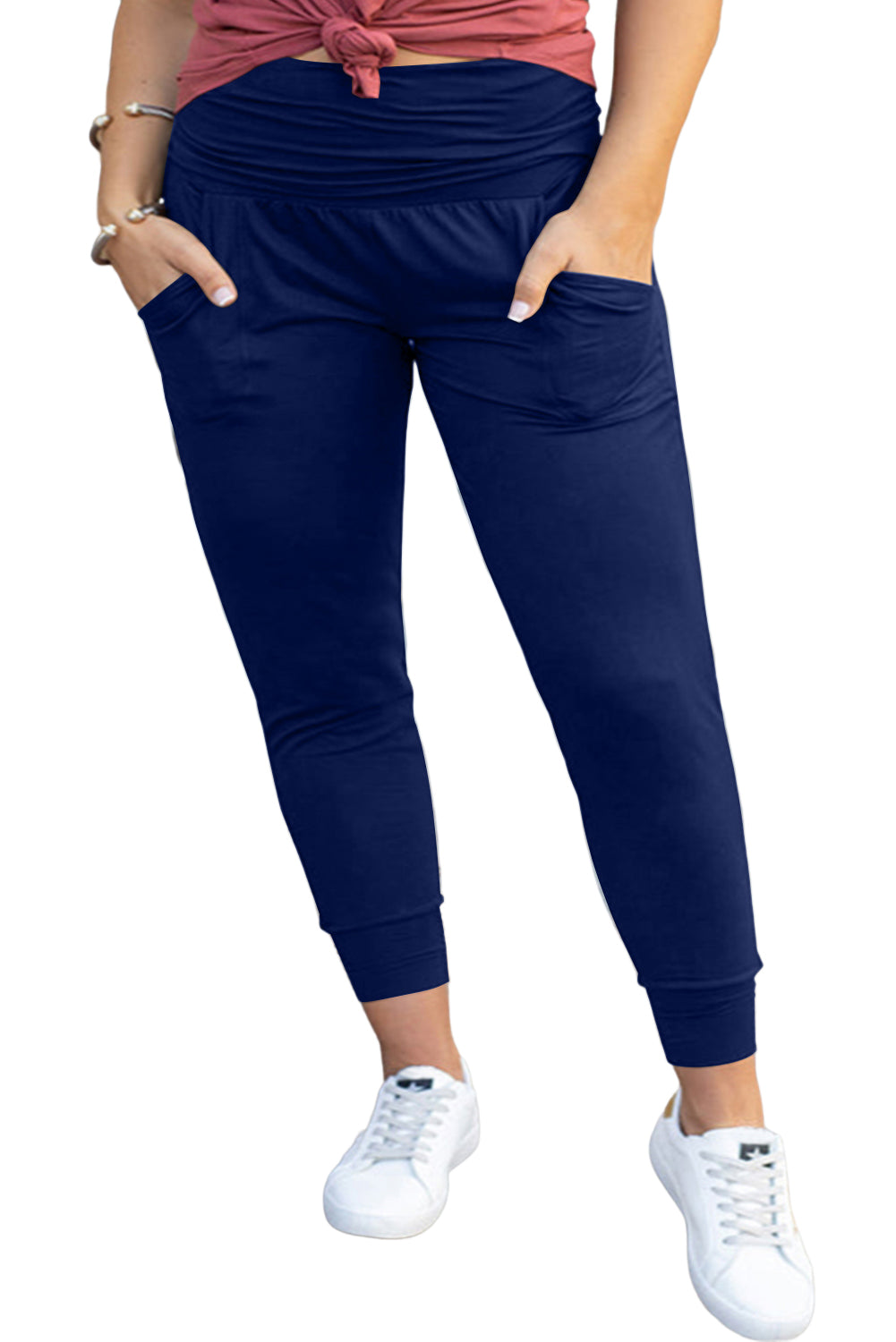 Dark Blue Plus Size High Waist Pocketed Skinny Pants Plus Size JT's Designer Fashion