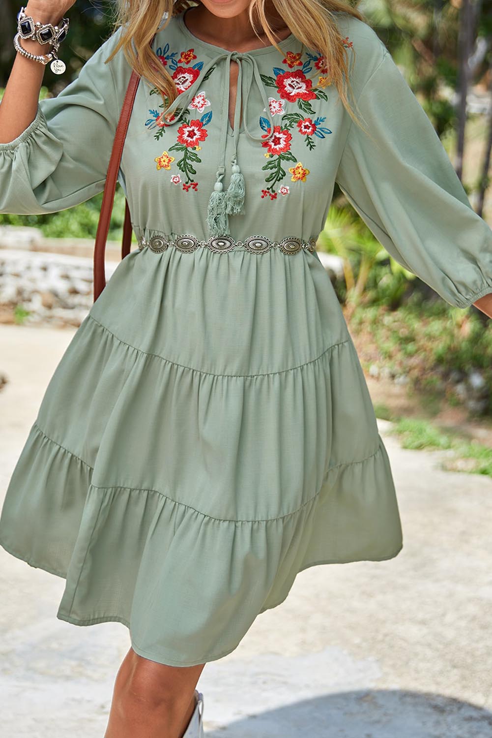 Green Floral Embroidery Tiered Ruffle Hem Dress Dresses JT's Designer Fashion