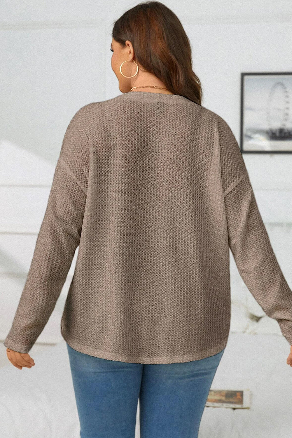 Simply Taupe Waffle Knit Drop Shoulder Button V Neck Plus Size Top Plus Size JT's Designer Fashion