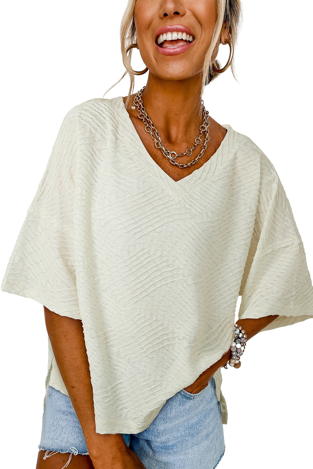 Beige V Neck Textured Split Hem Oversized Top Tops & Tees JT's Designer Fashion