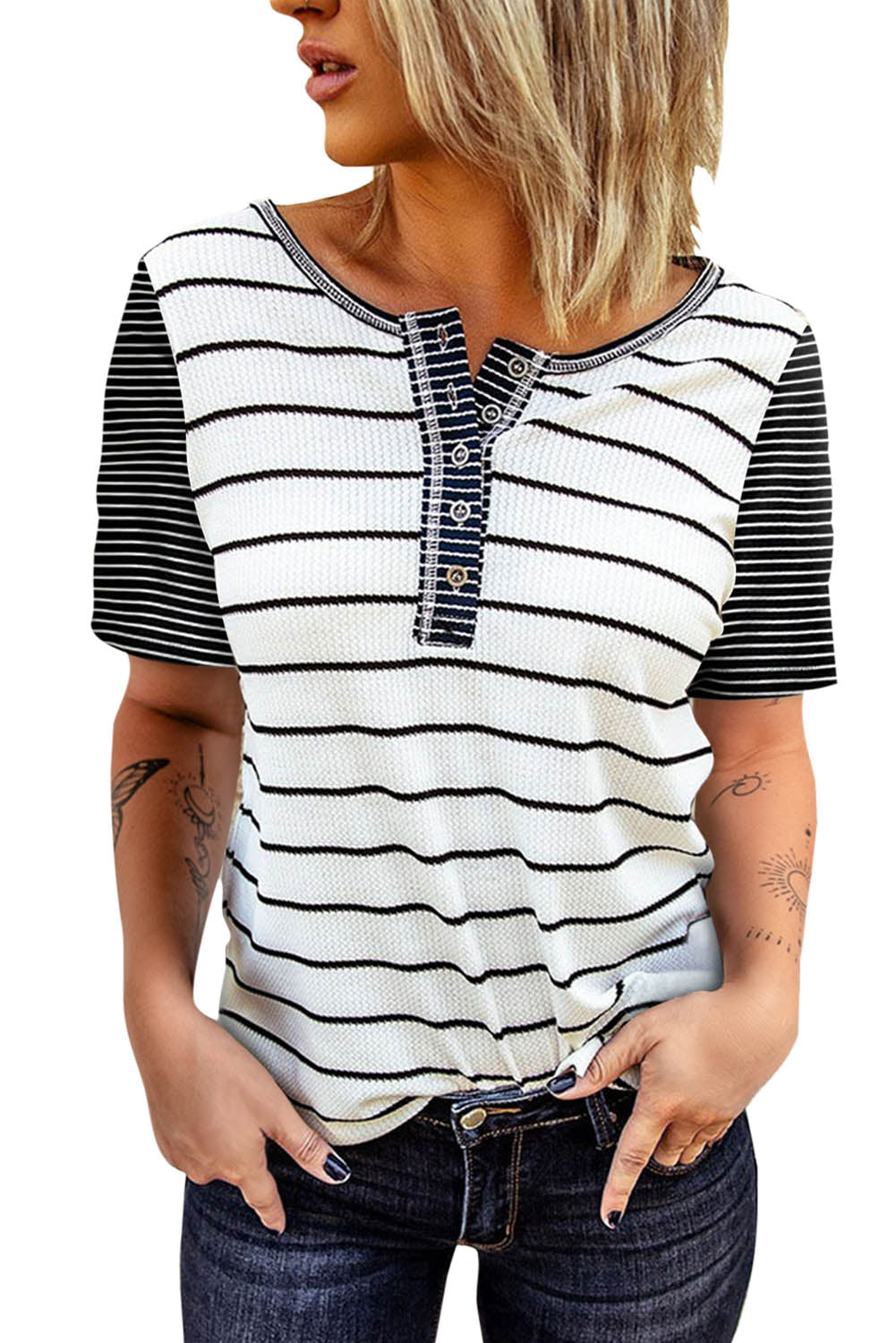 White Striped Colorblock Buttons T Shirt Tops & Tees JT's Designer Fashion