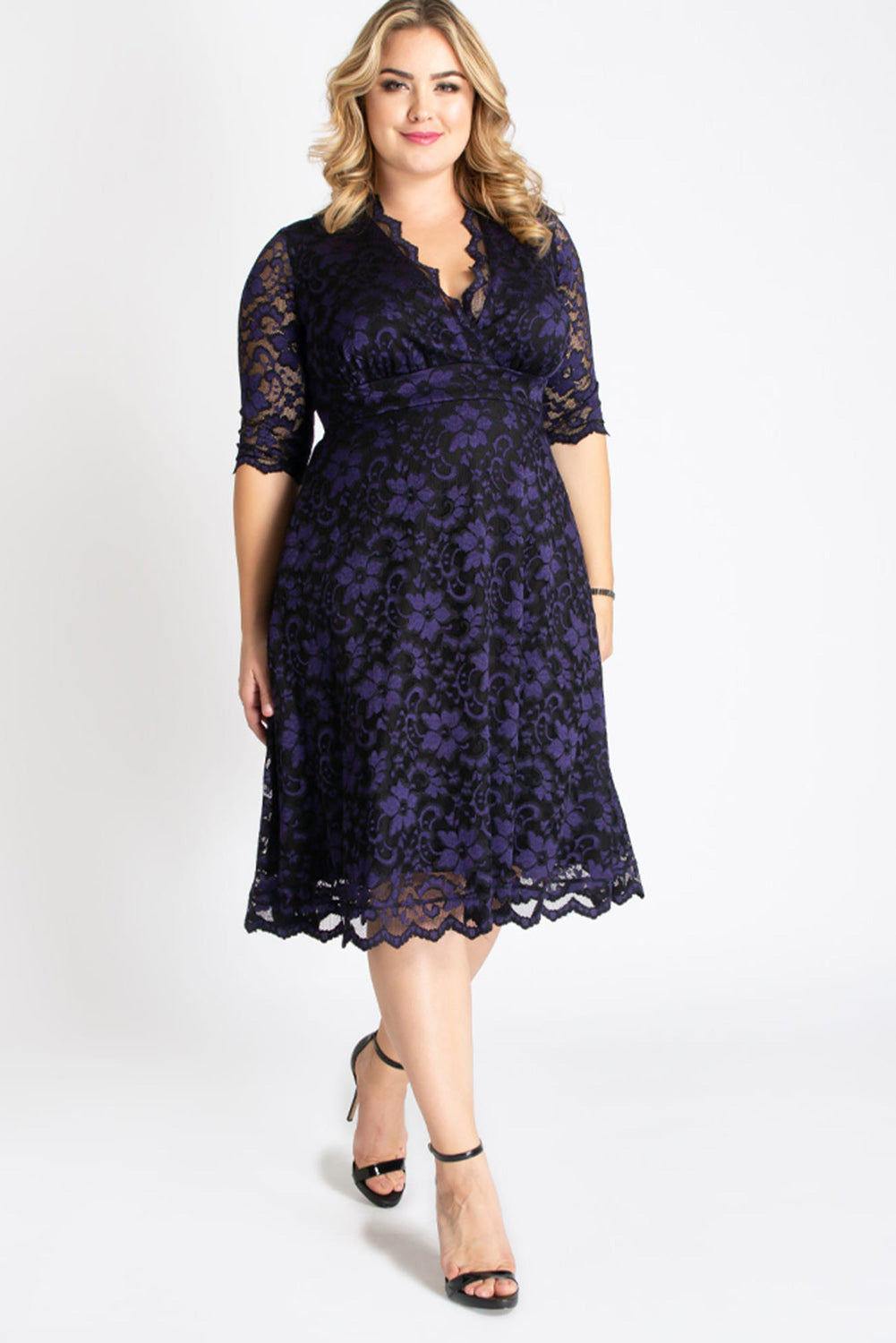 Blue Plus Size Half Sleeve Lined Lace Midi Dress Plus Size Dresses JT's Designer Fashion