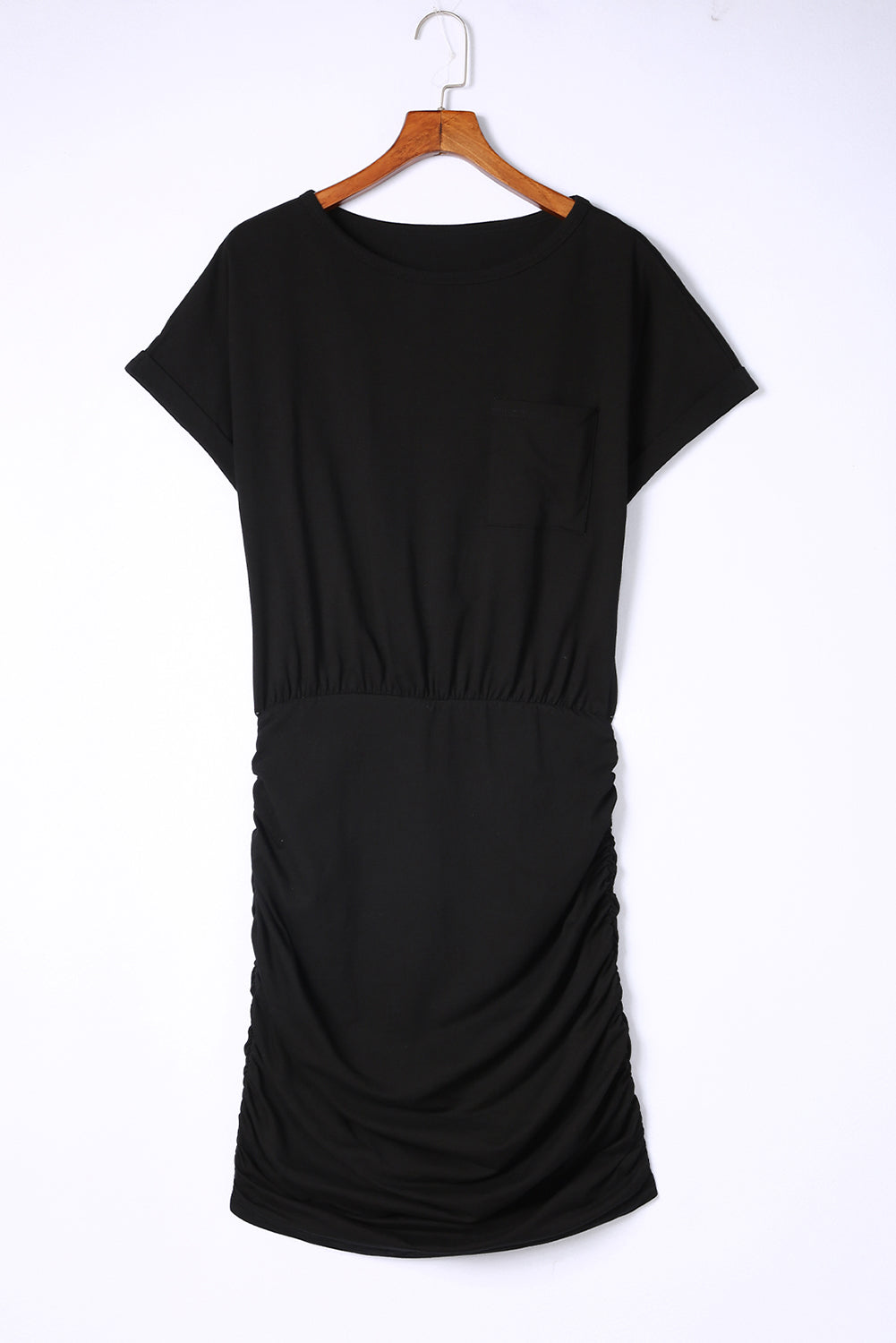 Black Chest Pocket Loose T-shirt Ruched Bodycon Mini Dress Mini Dresses JT's Designer Fashion