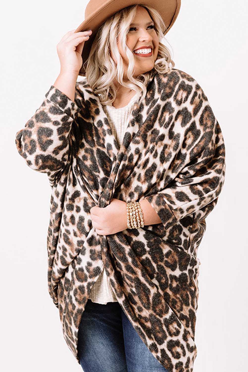 Leopard Plus Size Draped Open Front Cardigan Plus Size JT's Designer Fashion