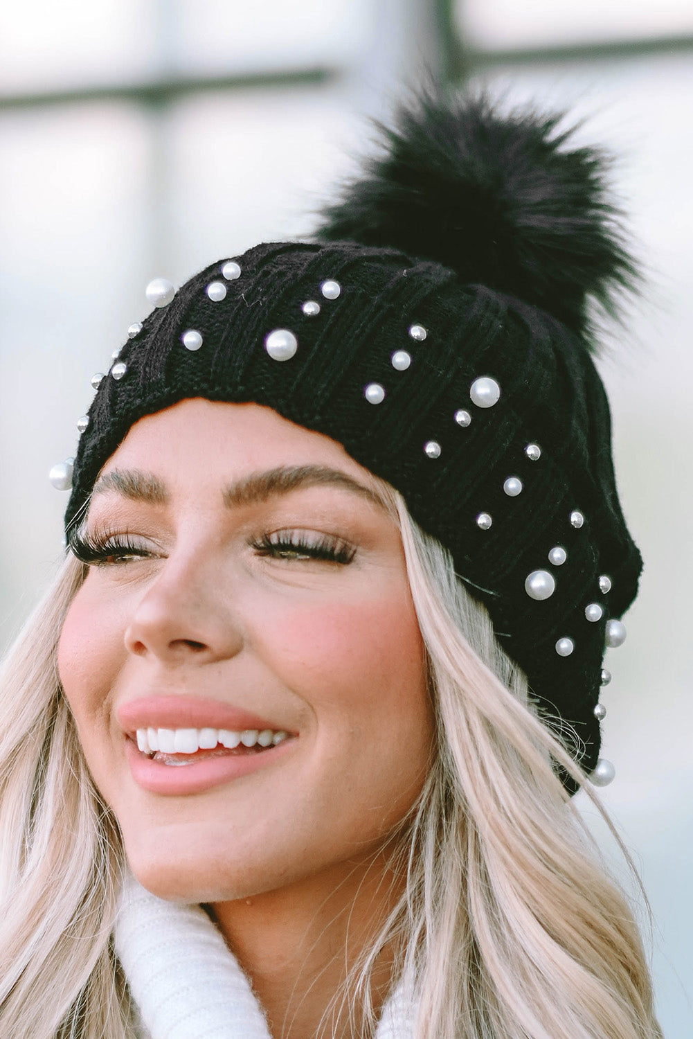 Black Faux Pearl & Pompom Decor Cuff Beanie Hats & Caps JT's Designer Fashion