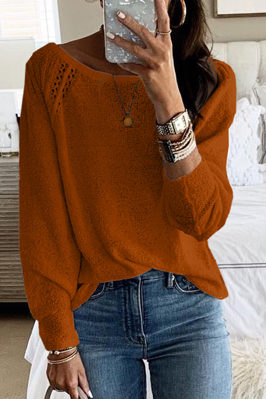 Brown White Long Sleeve Cutout Shoulder Relaxed Sweater Tops & Tees JT's Designer Fashion