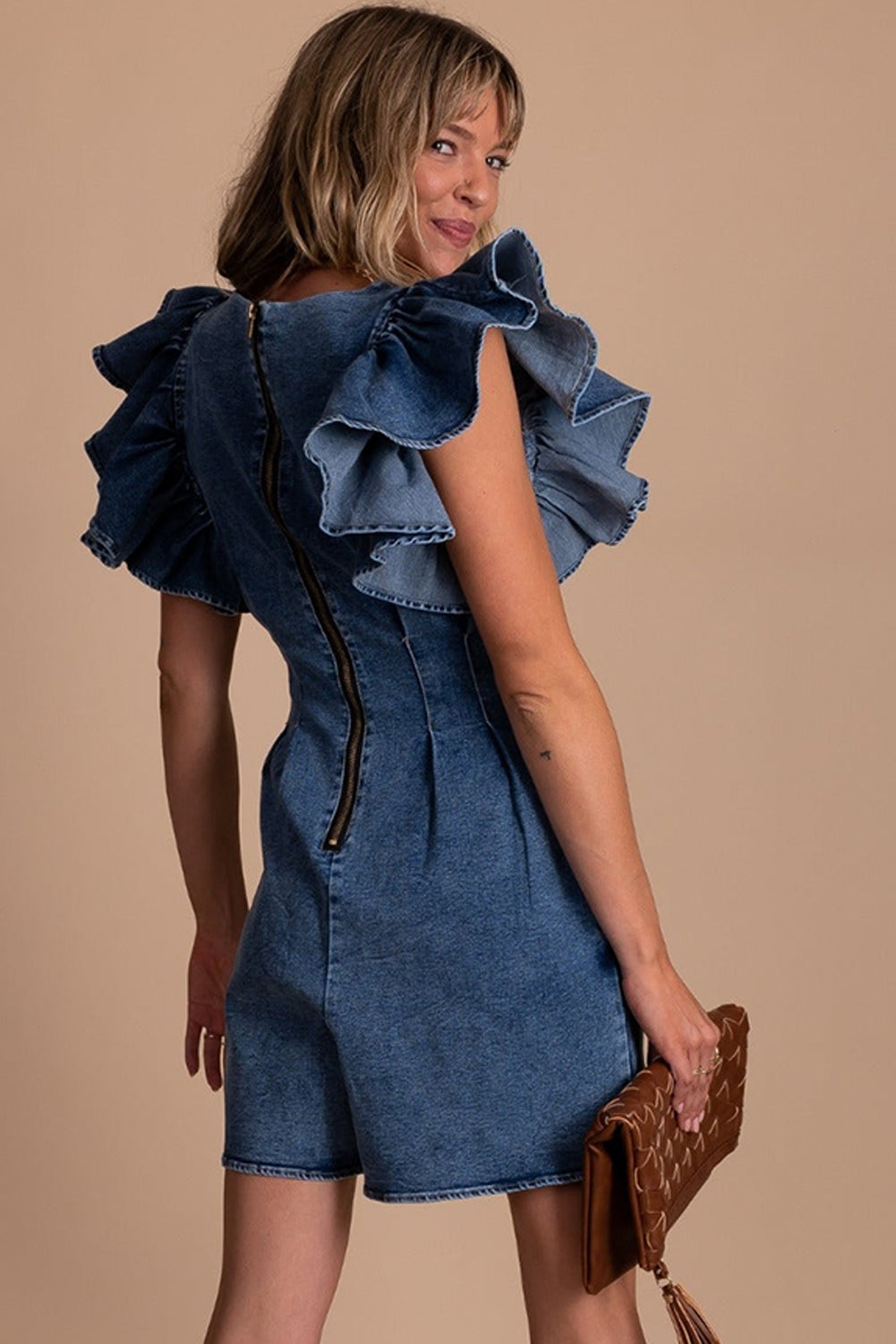 Blue Ruffle Pleated Denim Romper with Pockets Jumpsuits & Rompers JT's Designer Fashion