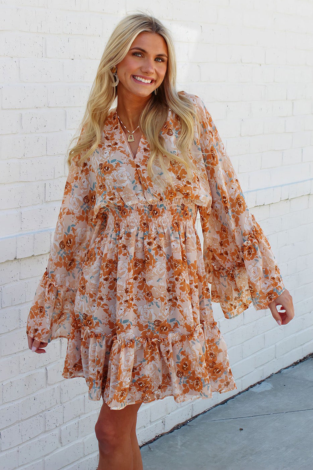 Orange Floral V Neck Smocked Waist Wide Sleeve Dress Dresses JT's Designer Fashion